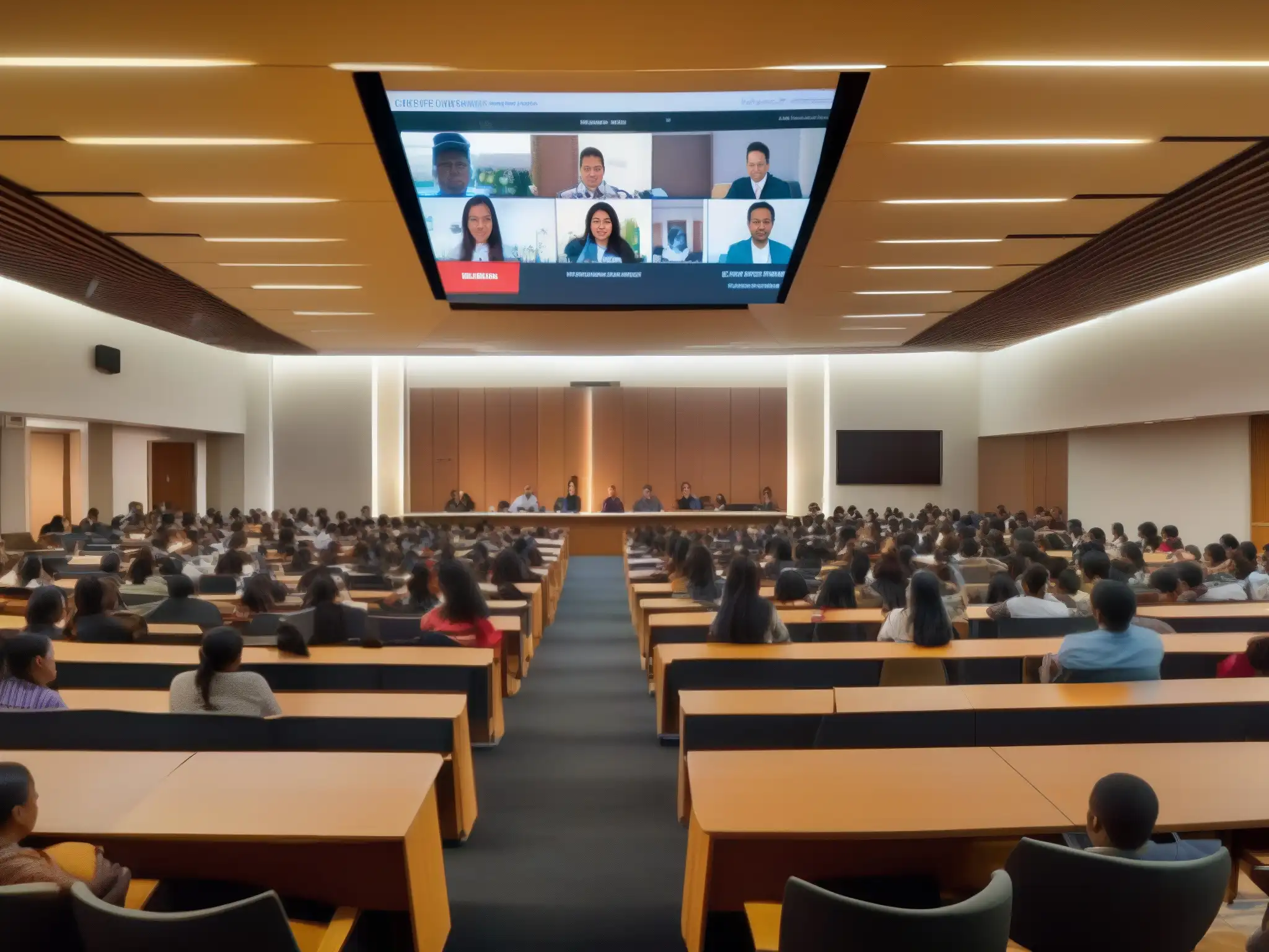 Conferencia UNAM: Integración Tecnológica y Participación Estudiantil Éxito universitario con videoconferencia Jitsi: Sala de conferencias llena de estudiantes participando activamente en una clase virtual en UNAM