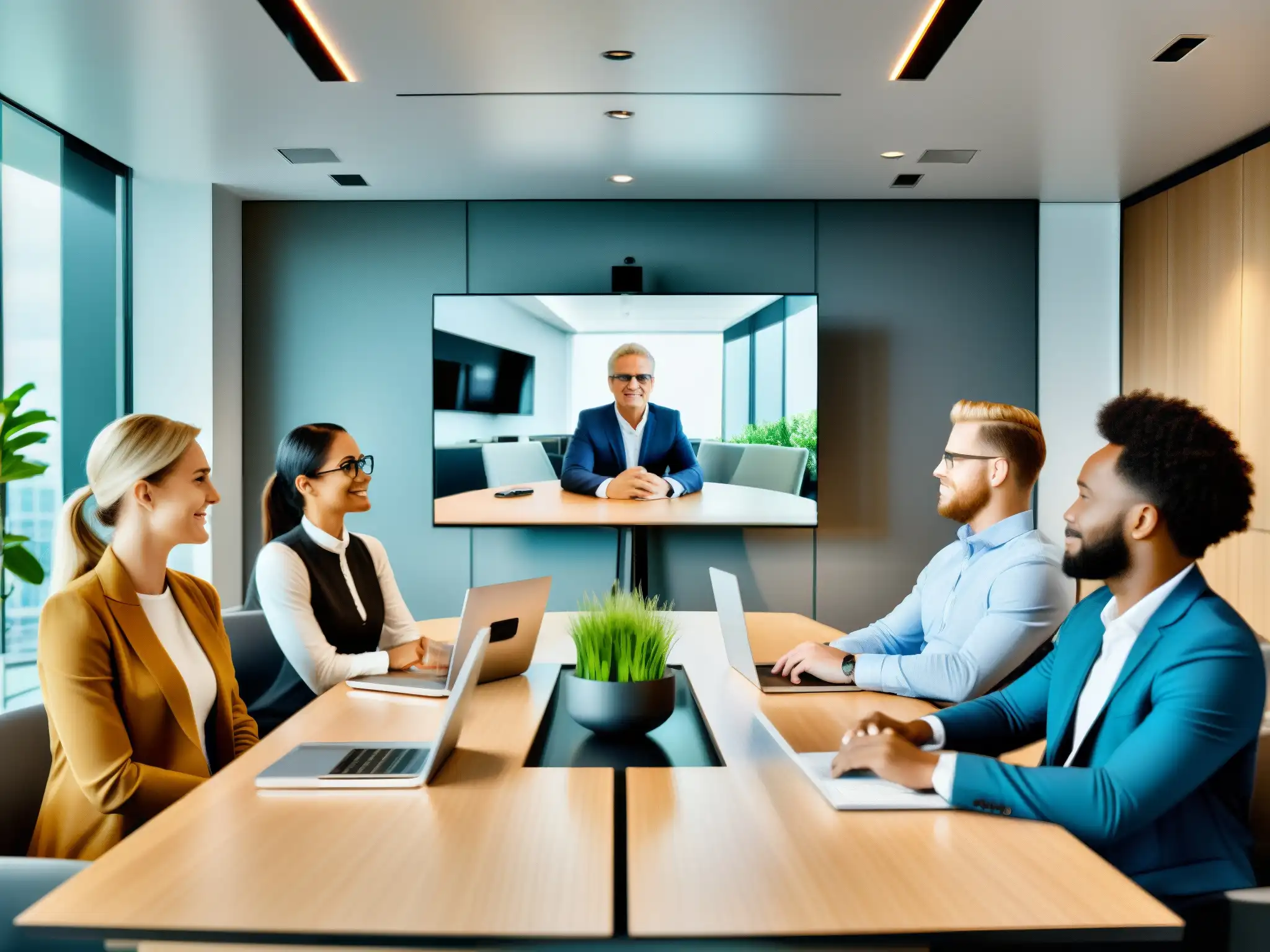 Consultores innovadores se conectan con Pexip en reunión de equipo Implementación exitosa de Pexip en consultoría: Consultores colaborando en una sala luminosa con tecnología Pexip