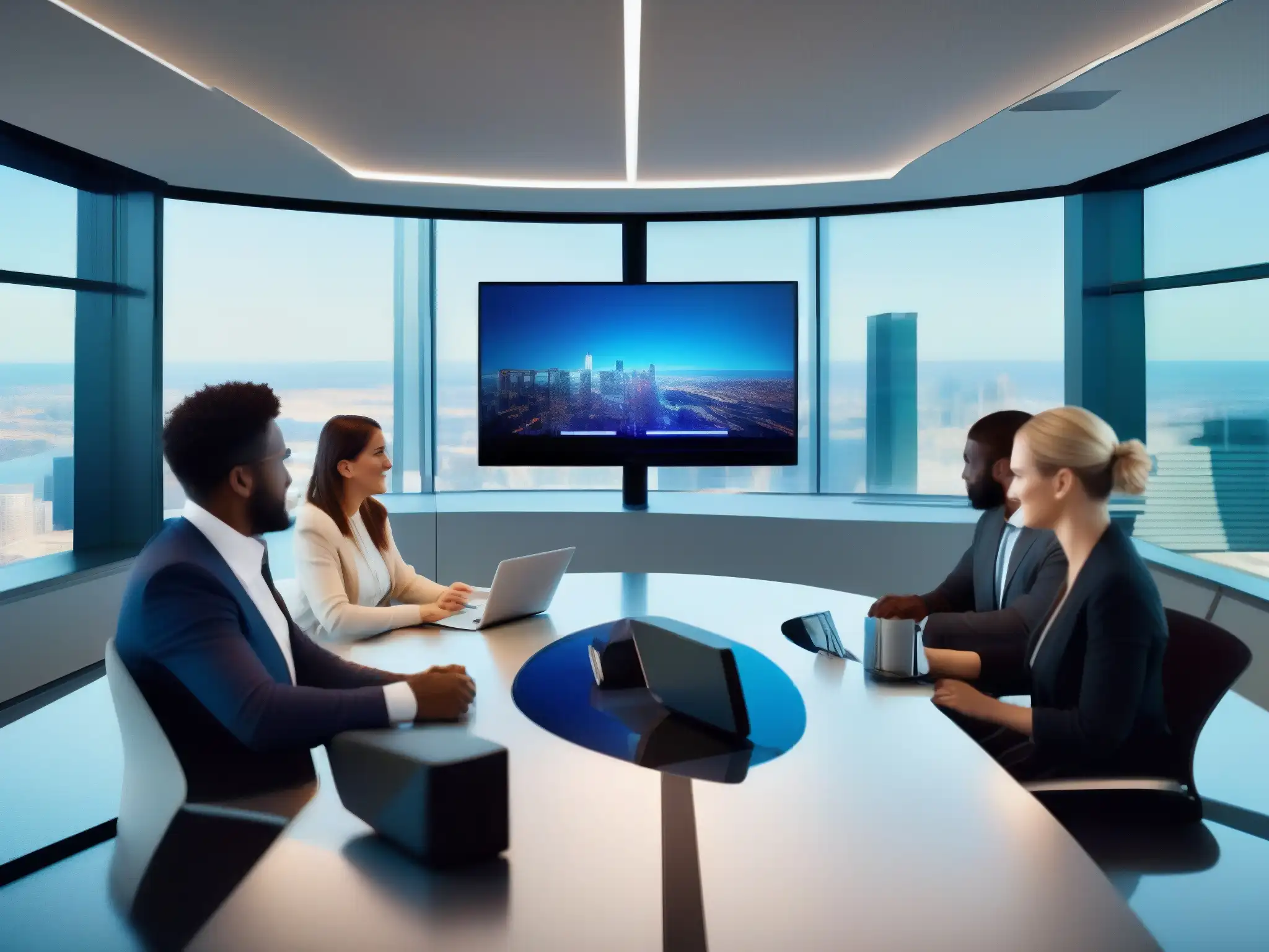 Sala de conferencias futurista con videoconferencia dinámica Exitosa videoconferencia en una oficina moderna con herramientas de última generación para el éxito empresarial