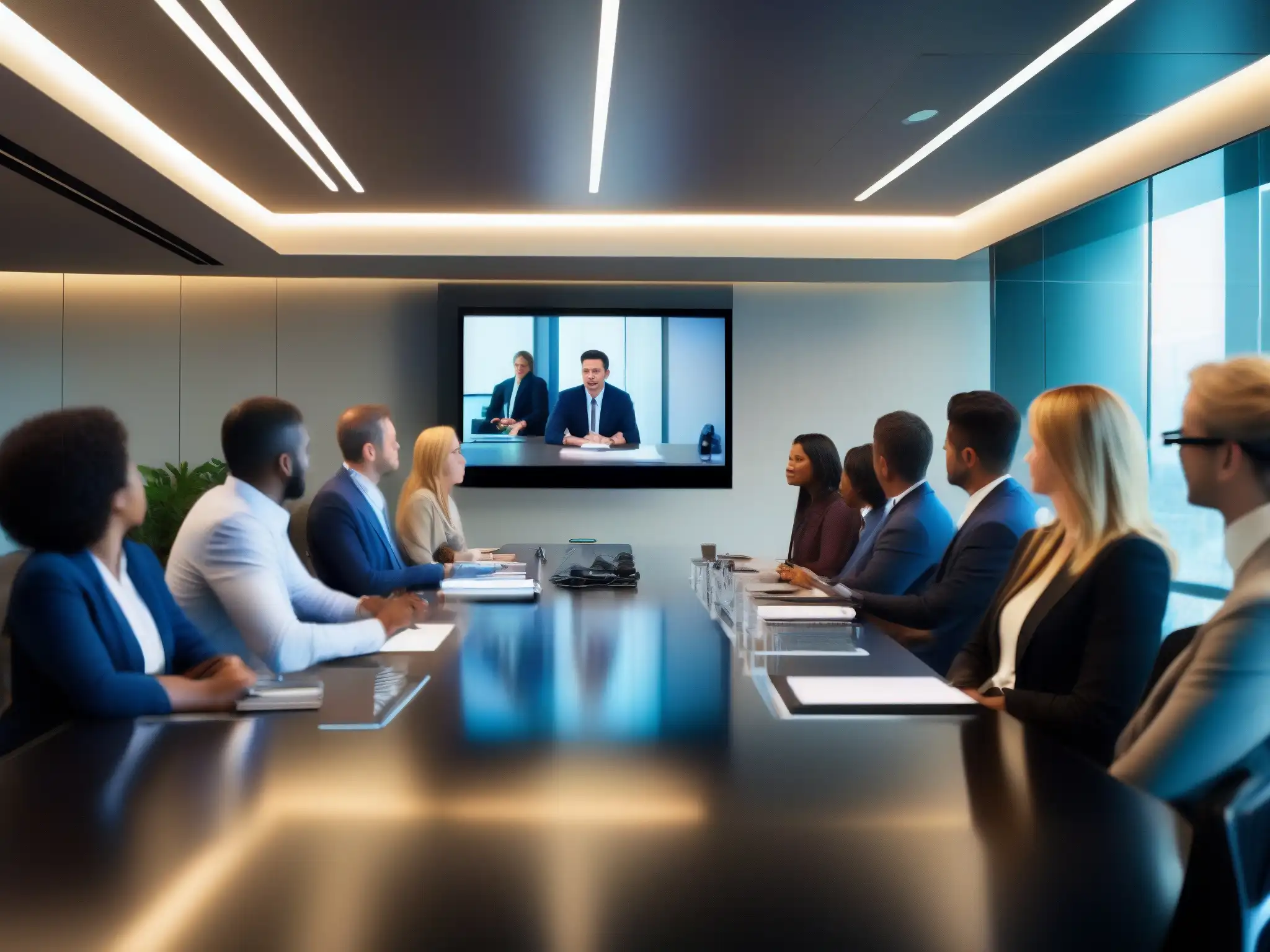 Videoconferencia global de profesionales en sala moderna Implementación exitosa de videoconferencias: Profesionales de negocios multiculturales en una reunión virtual alrededor de una mesa moderna