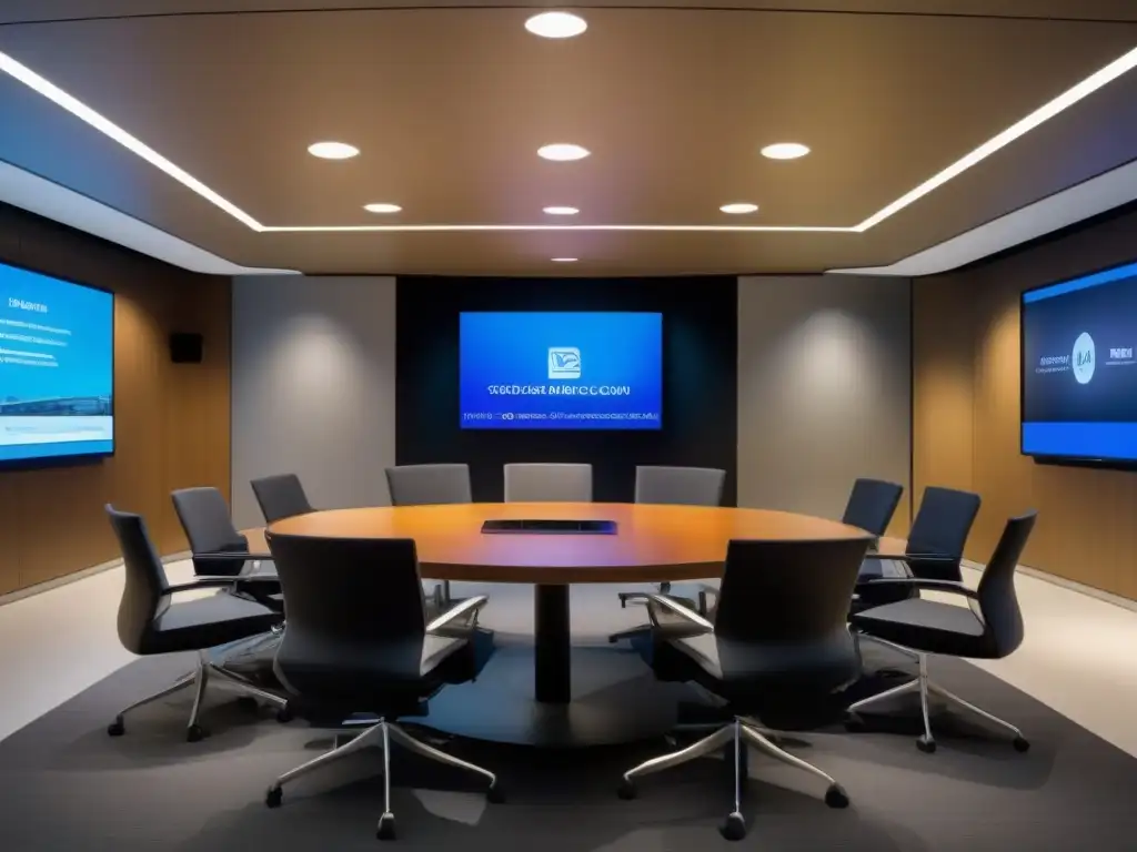 Sala de videoconferencias de alta tecnología en corporación multinacional Implementación exitosa de videoconferencias en una sala moderna y futurista de una corporación multinacional, con banderas internacionales de fondo