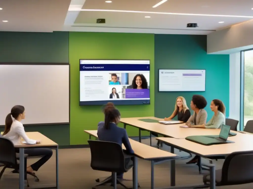 Clase virtual dinámica en Adobe Connect: potencial educativo y profesional Experiencia educativa con Adobe Connect: aula virtual con estudiantes y profesor interactuando en plataforma moderna y dinámica