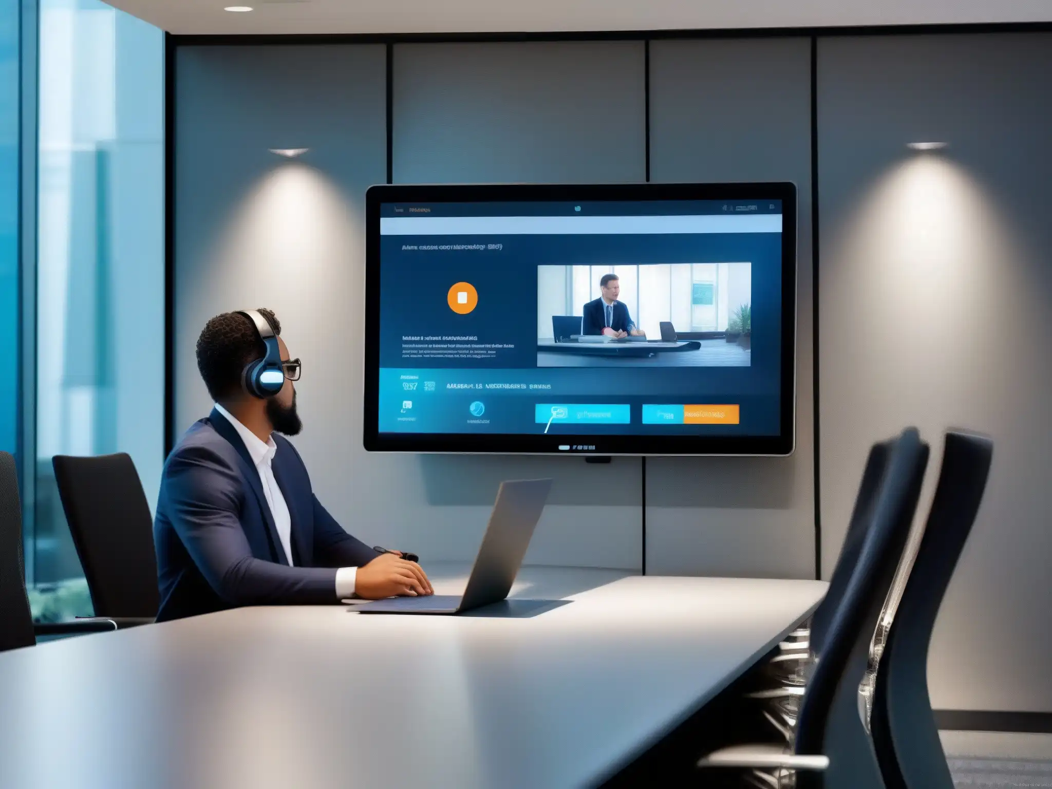 Configuración de videoconferencia de alta gama con ajuste de ancho de banda Experto ajusta la optimización del ancho de banda para videoconferencias en moderno entorno profesional y sofisticado