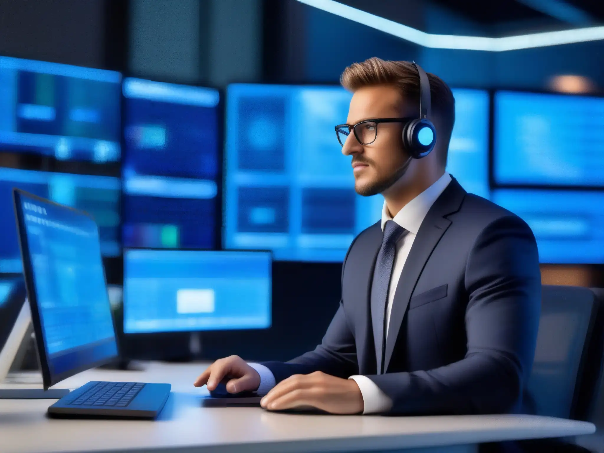 Experto en ciberseguridad analizando datos en entorno profesional Un experto en ciberseguridad analiza datos en computadoras rodeado de tecnología avanzada, proyectando confianza y determinación