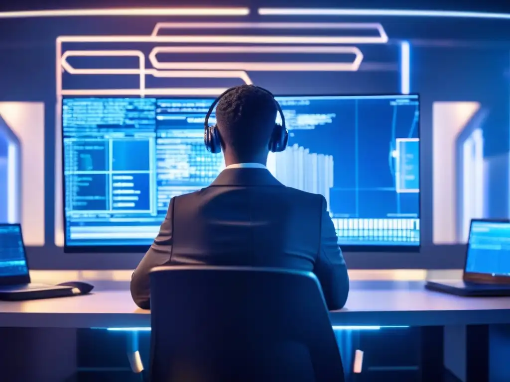 Experto en ciberseguridad en acción Un experto en ciberseguridad teclea en una laptop moderna rodeado de monitores con complejos protocolos de seguridad y algoritmos