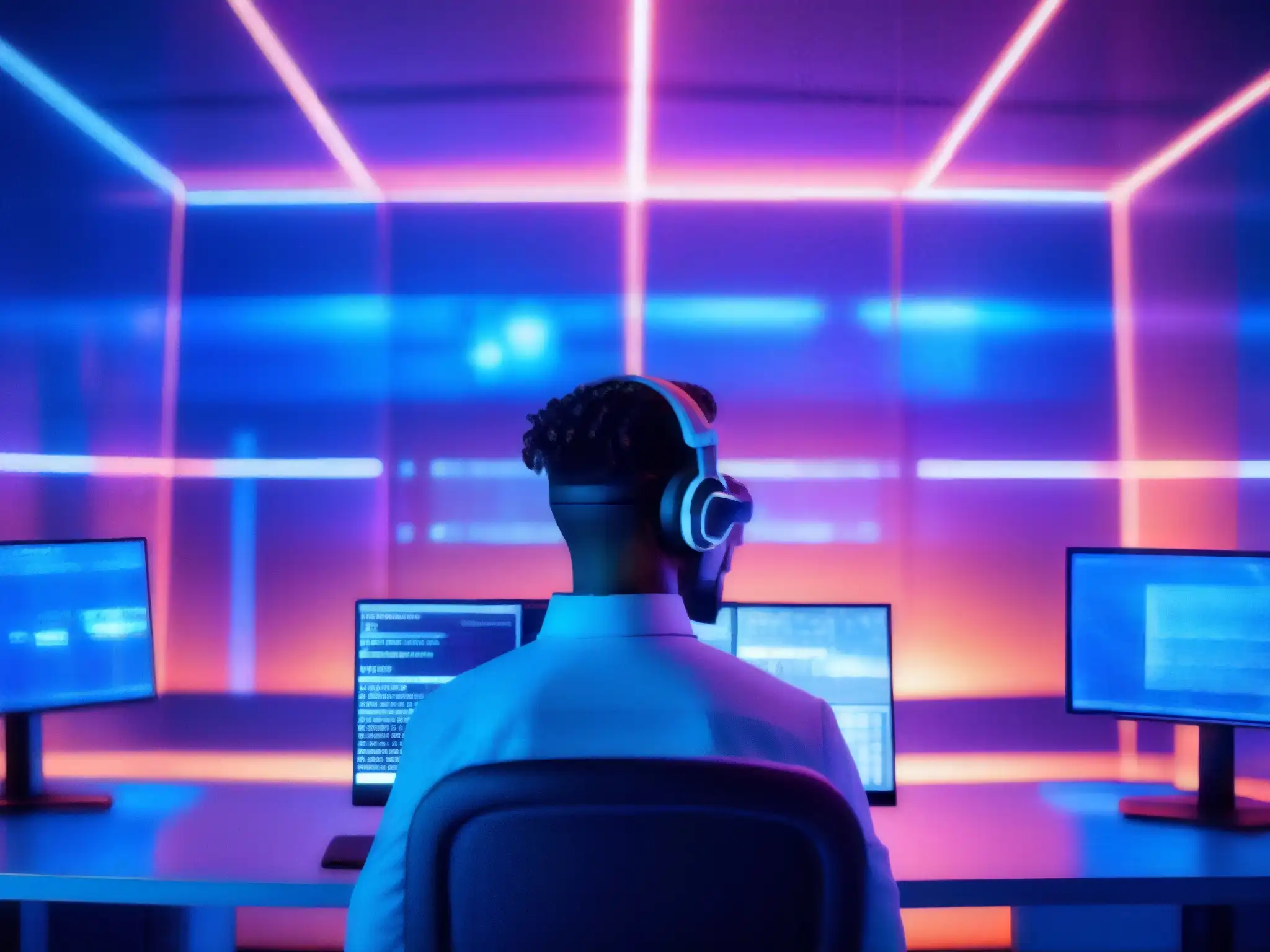 Experto en ciberseguridad analizando código en oficina futurista Un experto en ciberseguridad analiza líneas de código en una oficina moderna y segura