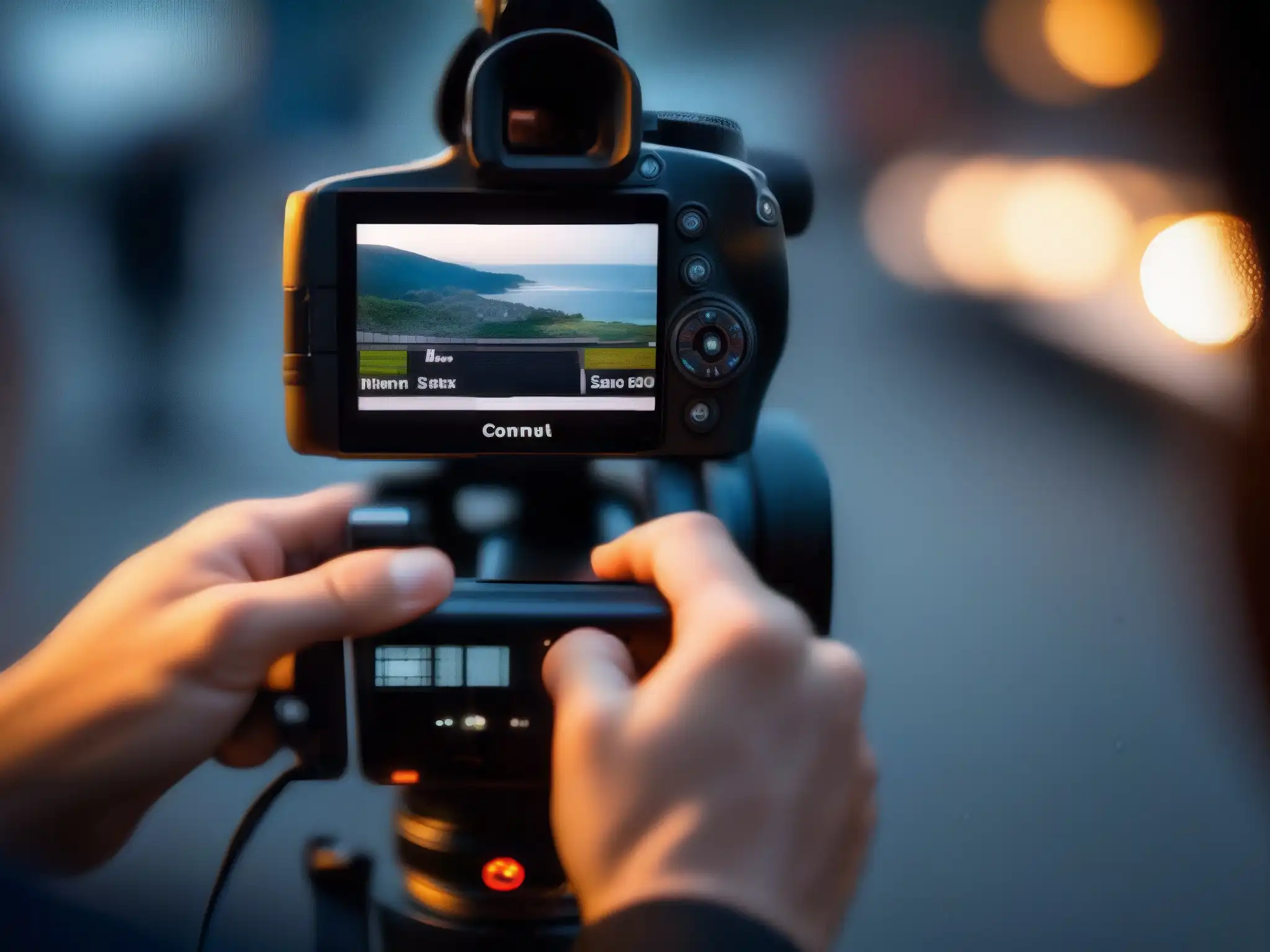 Maestría en acción: ajustes precisos en cámara profesional Un experto ajusta los controles de una cámara de video profesional, transmitiendo precisión y control