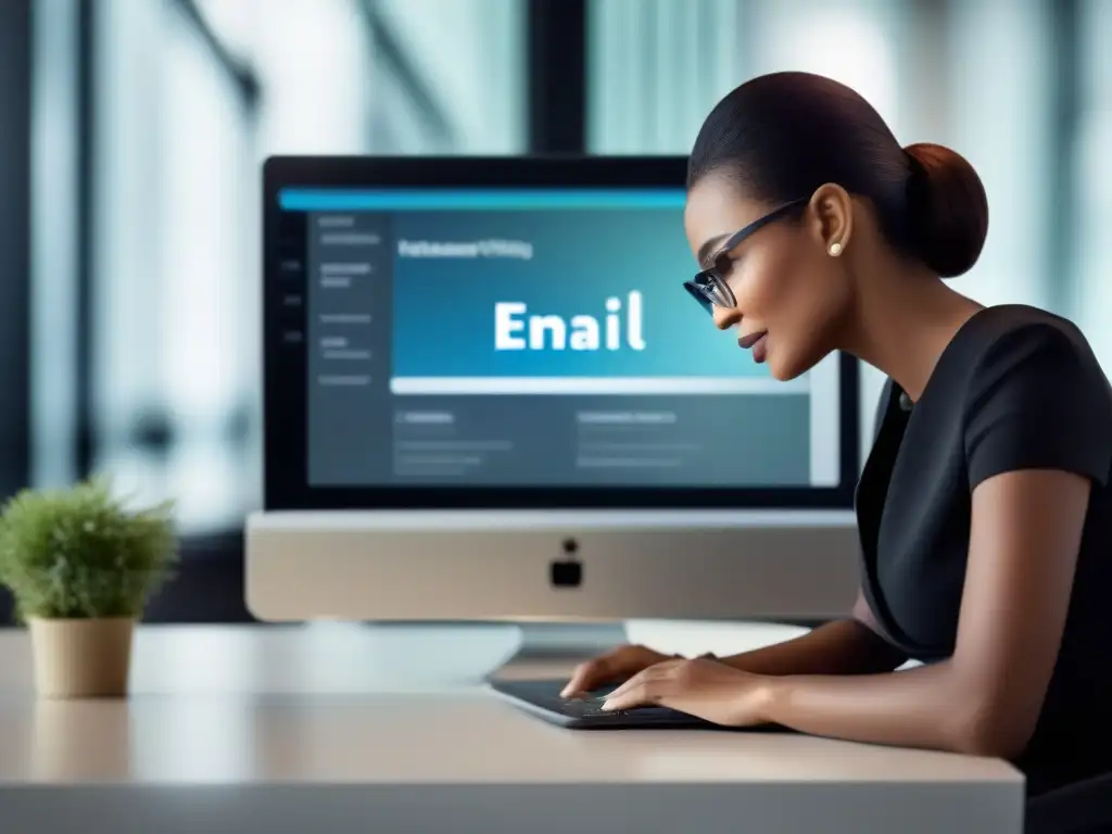 Integración de ClickMeeting con Email Marketing Un experto en integración de ClickMeeting y email marketing configura el proceso en una interfaz moderna, en una oficina contemporánea