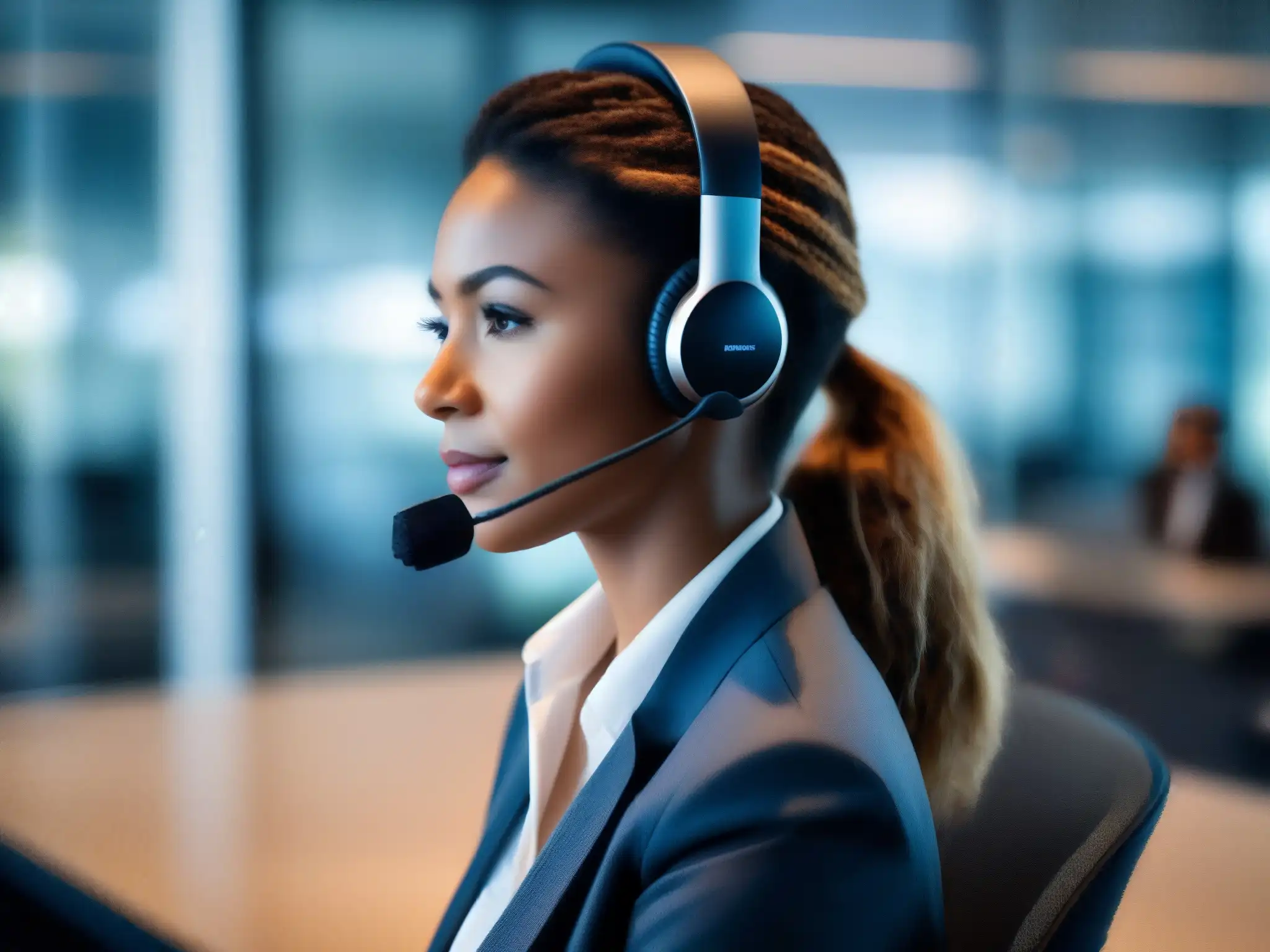 Profesional en Videoconferencia: Expertise en Pruebas de Software Experto en pruebas de software en videoconferencias, concentrado hablando por micrófono y usando auriculares en una oficina moderna y luminosa