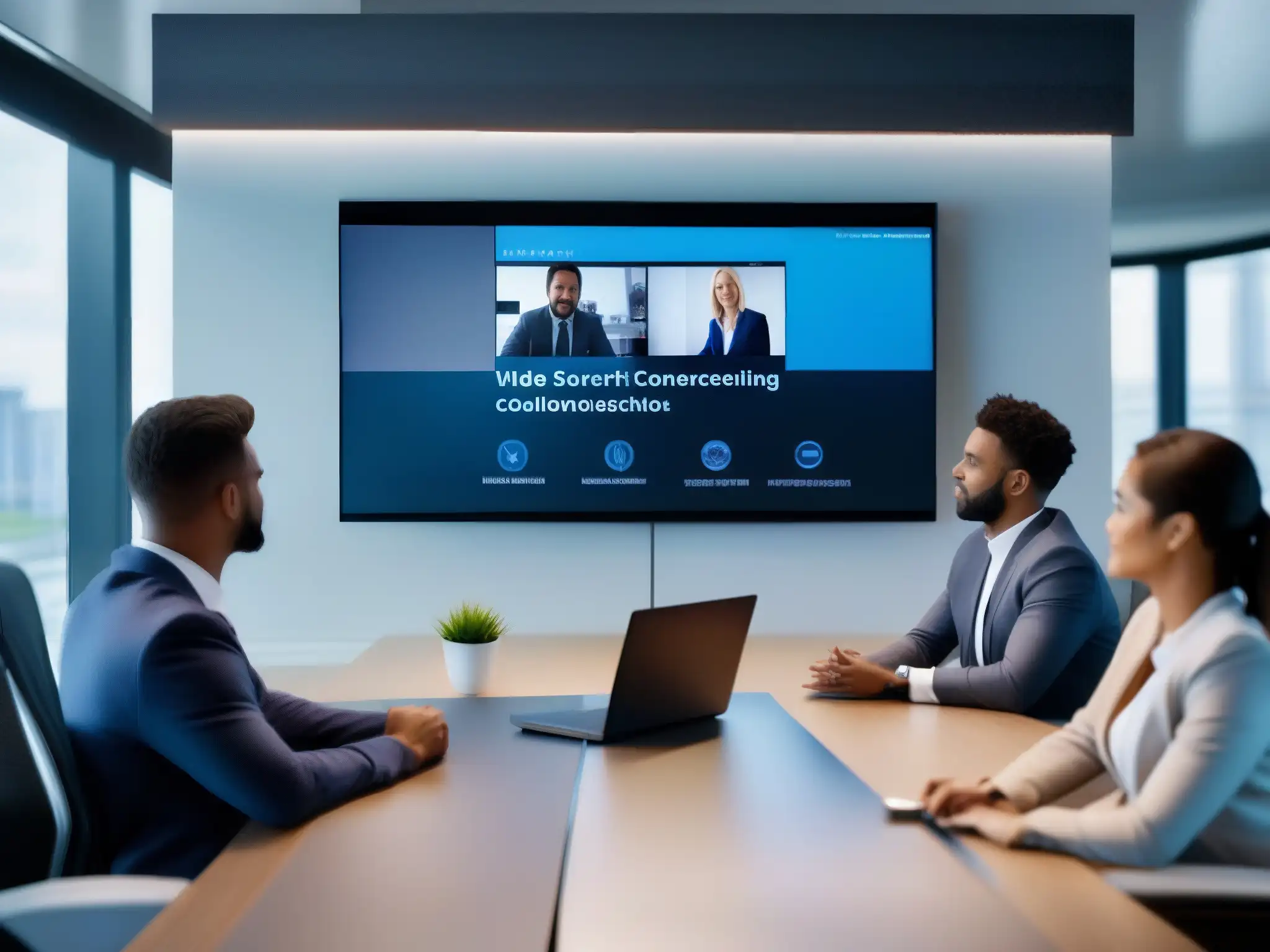 Experto en seguridad lidera videoconferencia segura Experto en seguridad dirige videoconferencia con equipo moderno, transmitiendo fiabilidad y tecnología avanzada