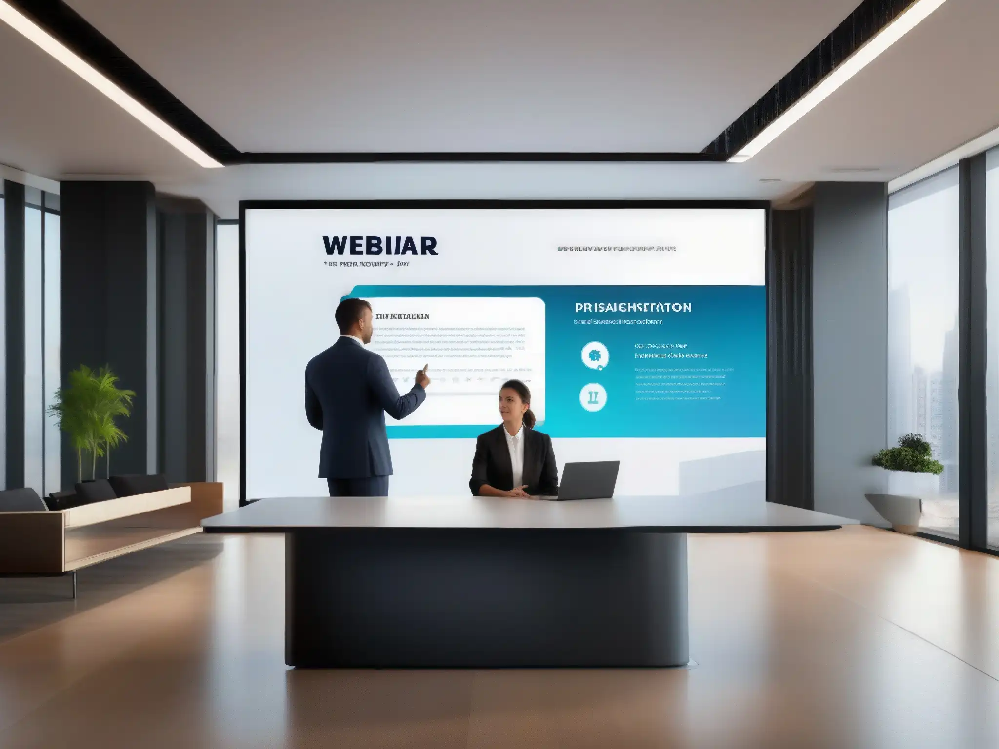 Webinar Profesional: Presentación Virtual en Ambiente Sofisticado Un experto con traje en una elegante sala de webinar