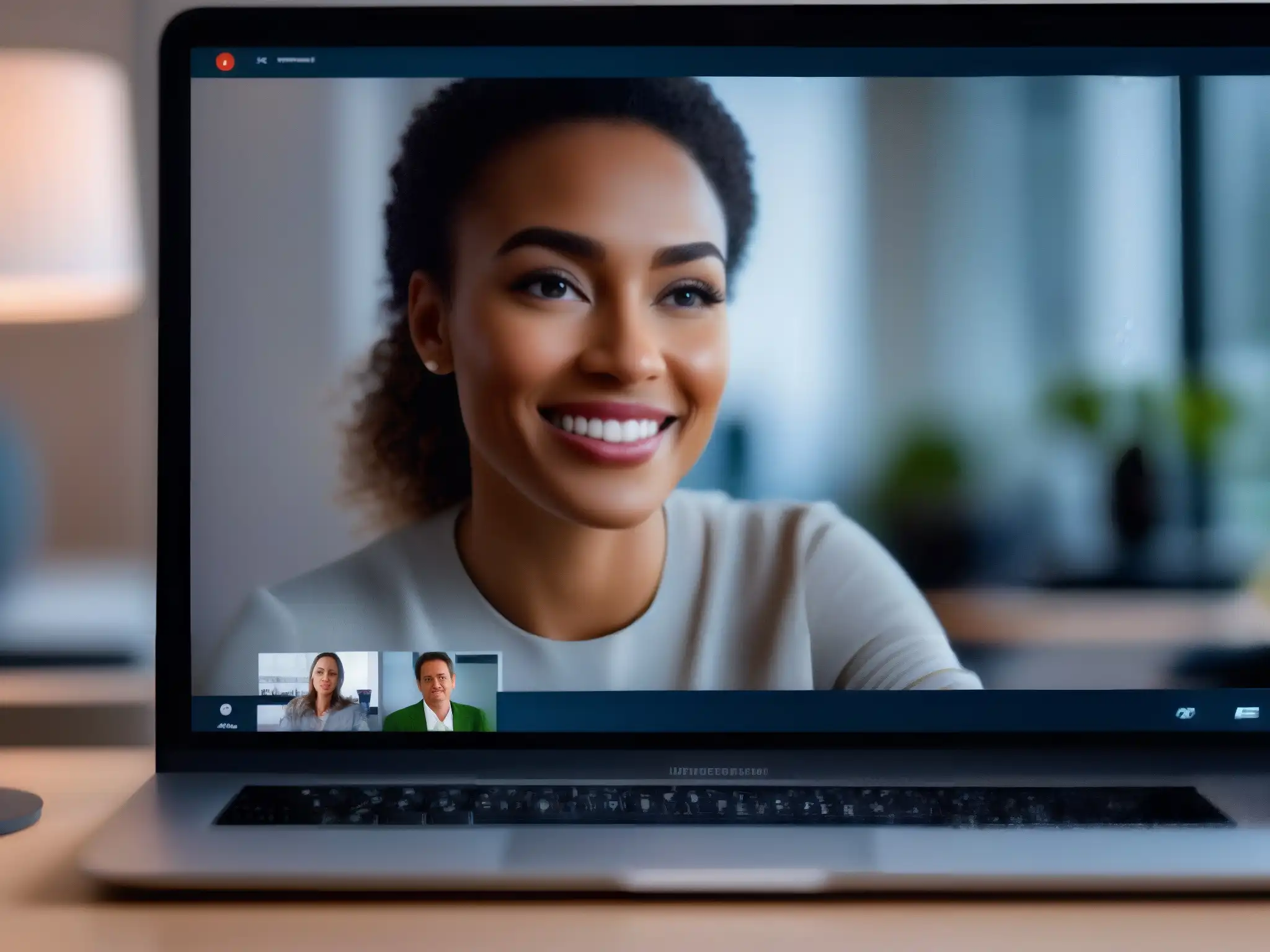 Expresiones faciales cálidas en videoconferencia familiar Expresiones sutiles y cálida conexión en videoconferencias familiares