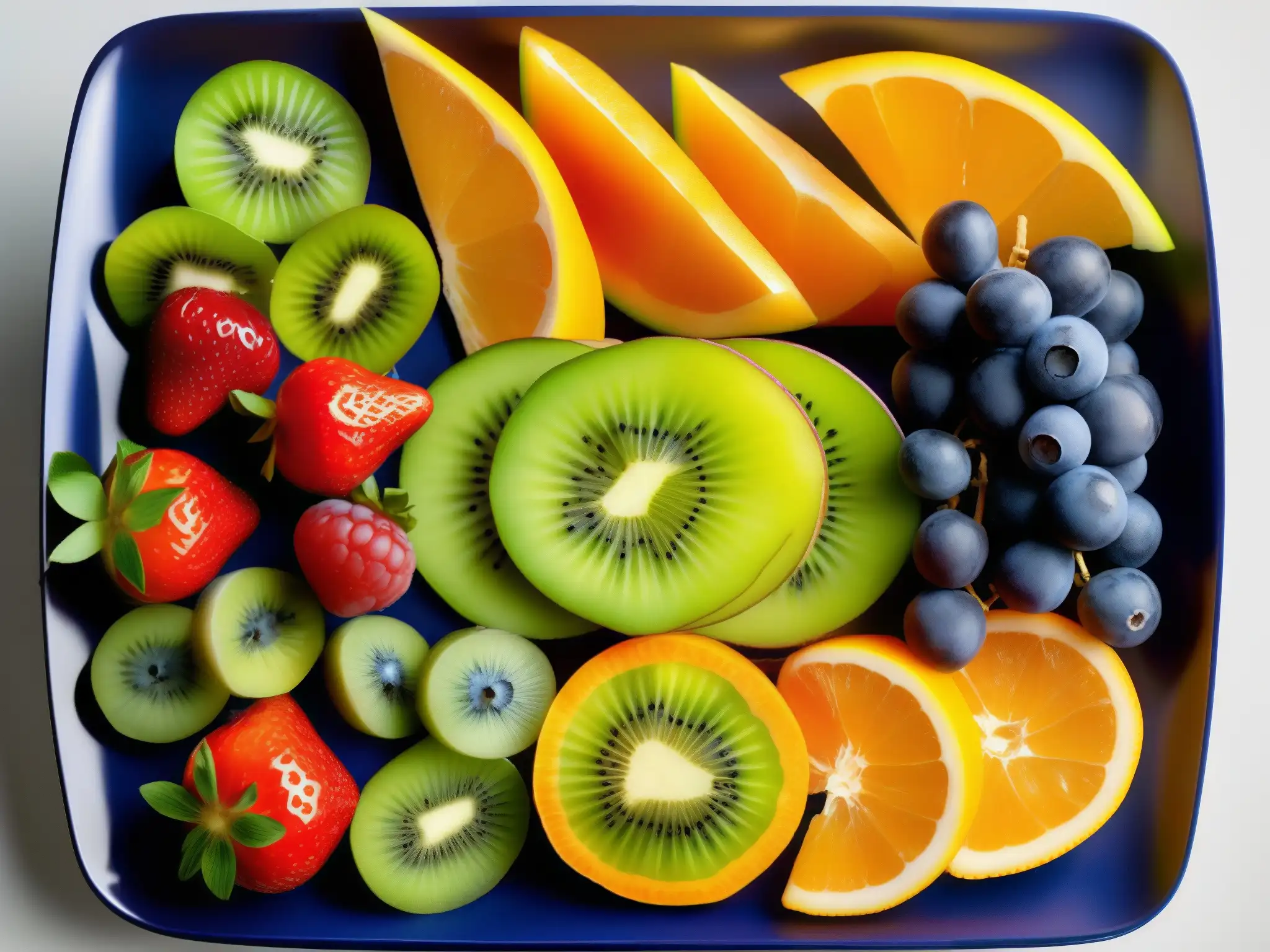 Deliciosa explosión de color en plato de frutas frescas Una exquisita y colorida bandeja de frutas frescas, creando una opción tentadora para la alimentación saludable en videoconferencias