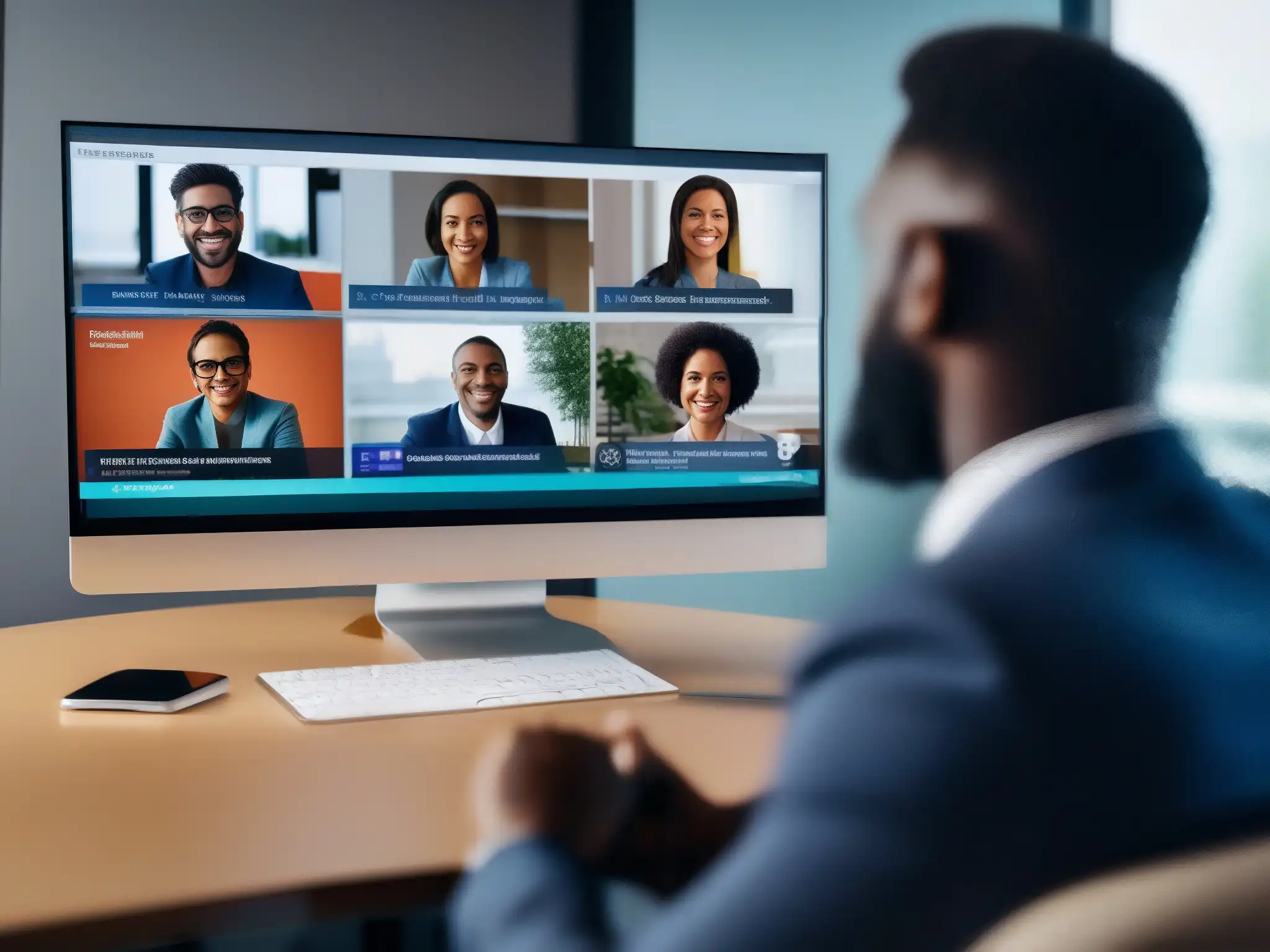 Facilitador profesional lidera videoconferencia Un facilitador profesional lidera una videoconferencia con técnicas modernas para videoconferencias, con participantes comprometidos