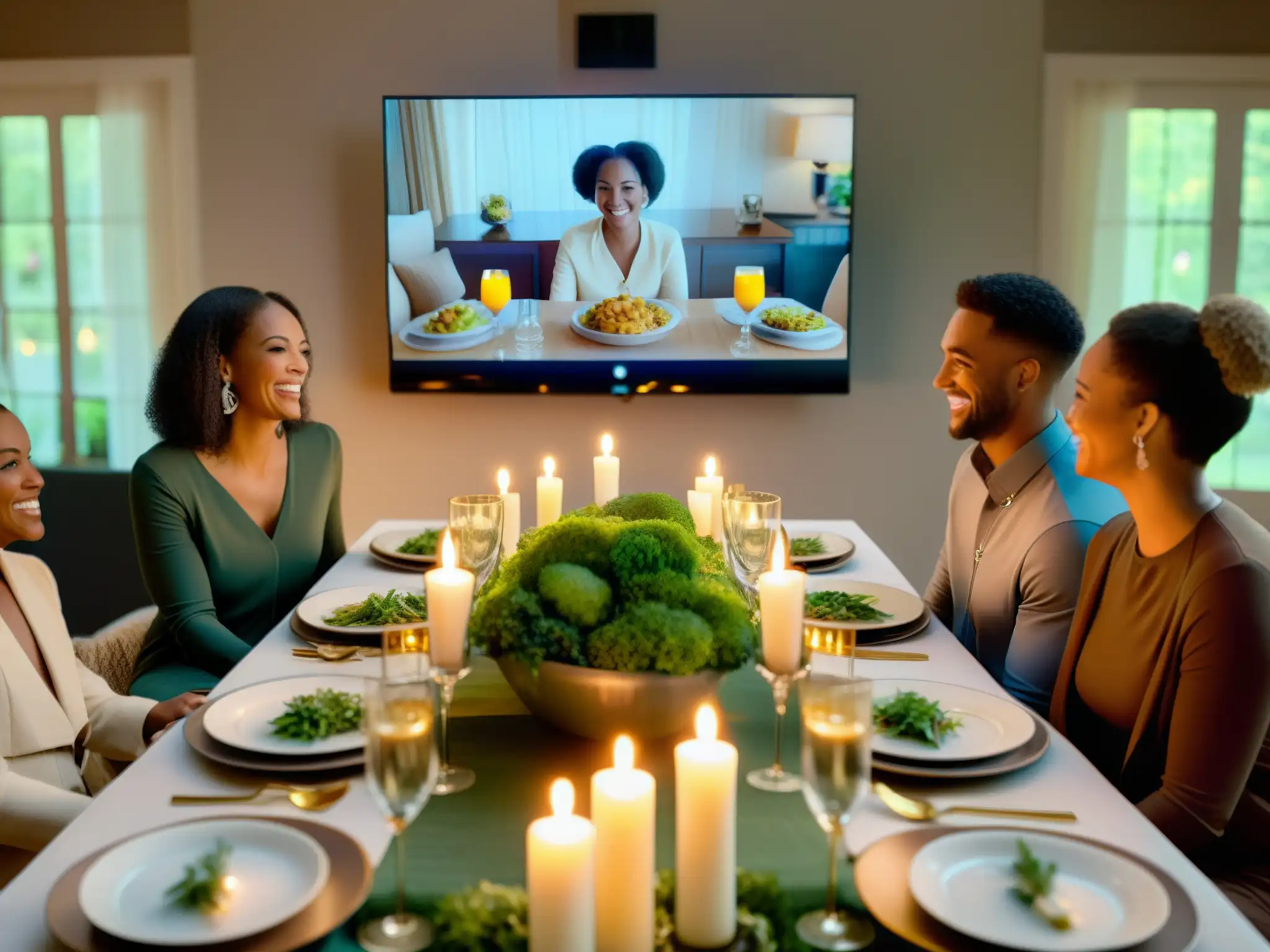 Reunión familiar virtual en una cena cálida y elegante Una familia disfruta de una cena en torno a una mesa elegante, con videoconferencia proyectada