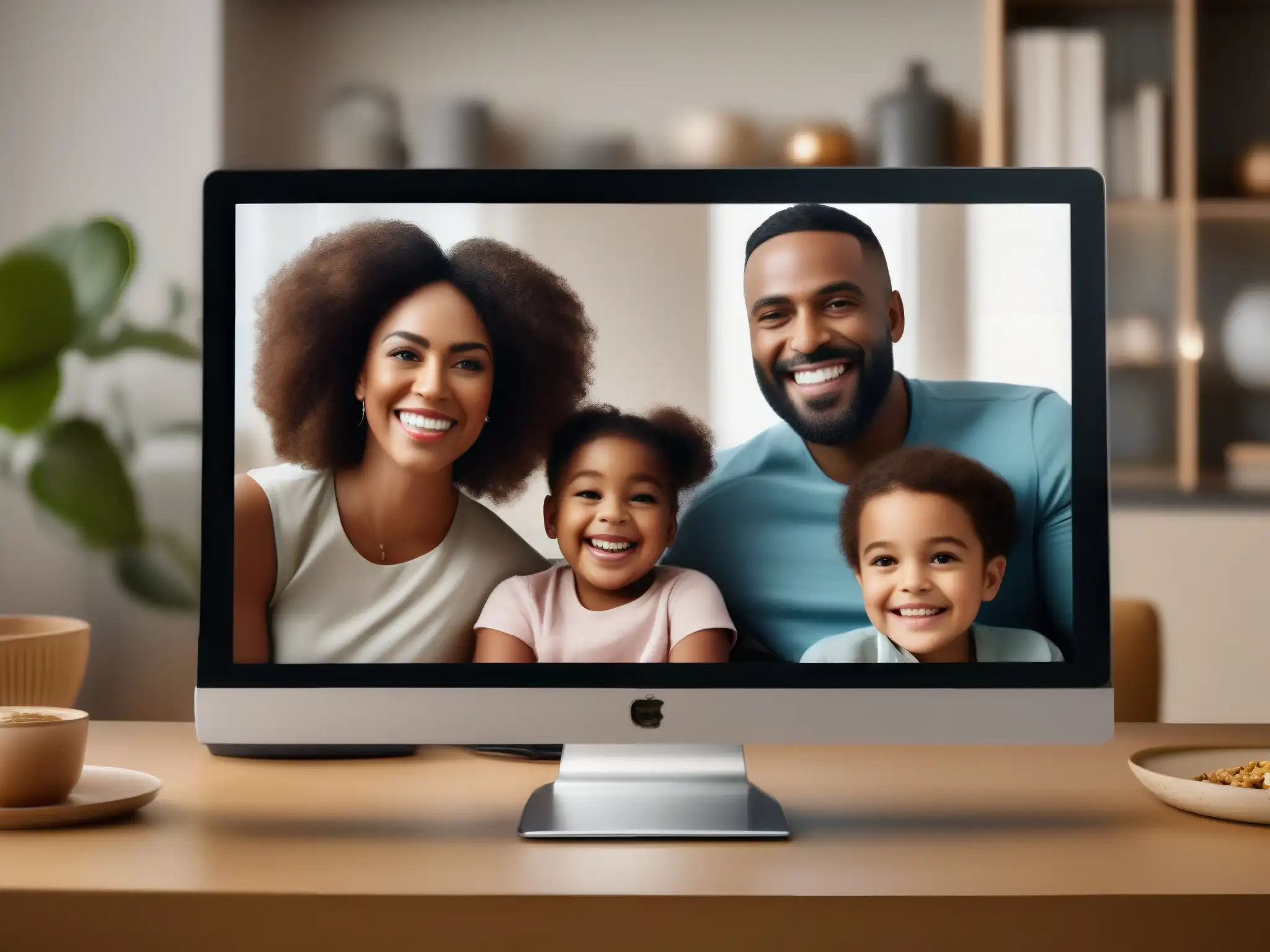 Reunión familiar virtual: amor y conexión en pantalla Una familia diversa sonríe y se conecta en una cálida videollamada, destacando la importancia de la conectividad en videoconferencias