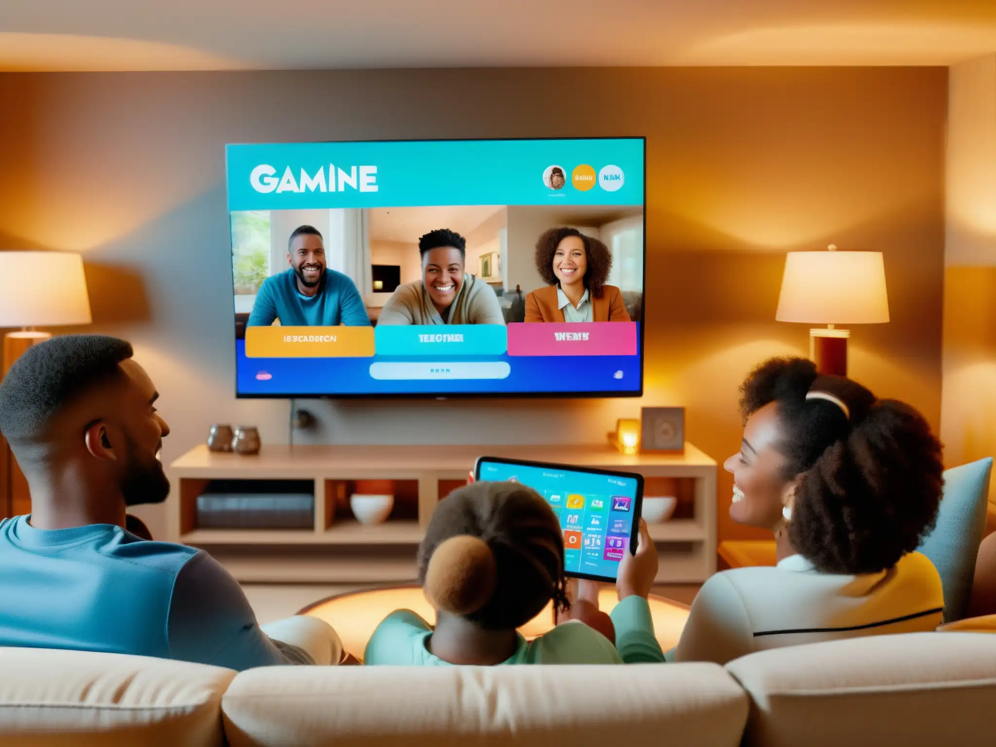 Noche de juegos virtuales: diversión en familia Una familia diversa disfruta de una noche de juegos virtuales con entusiasmo y camaradería, organizando eventos familiares virtuales