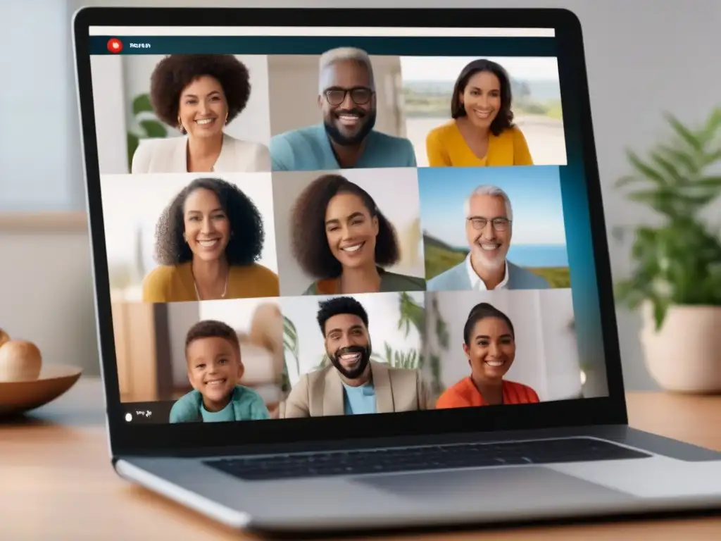 Encuentro familiar virtual: diversidad, conexión y sonrisas Familia diversa disfruta de video llamada con fondos virtuales