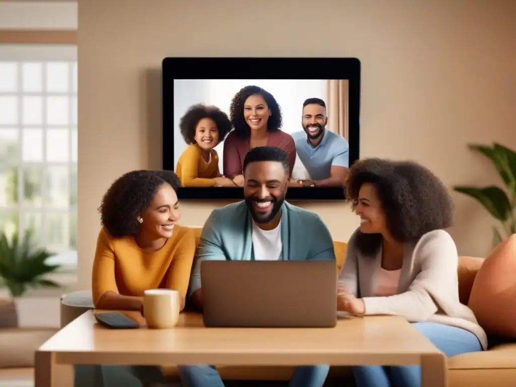 Videoconferencia familiar cálida y segura Una familia diversa disfruta de una videoconferencia cálida y segura