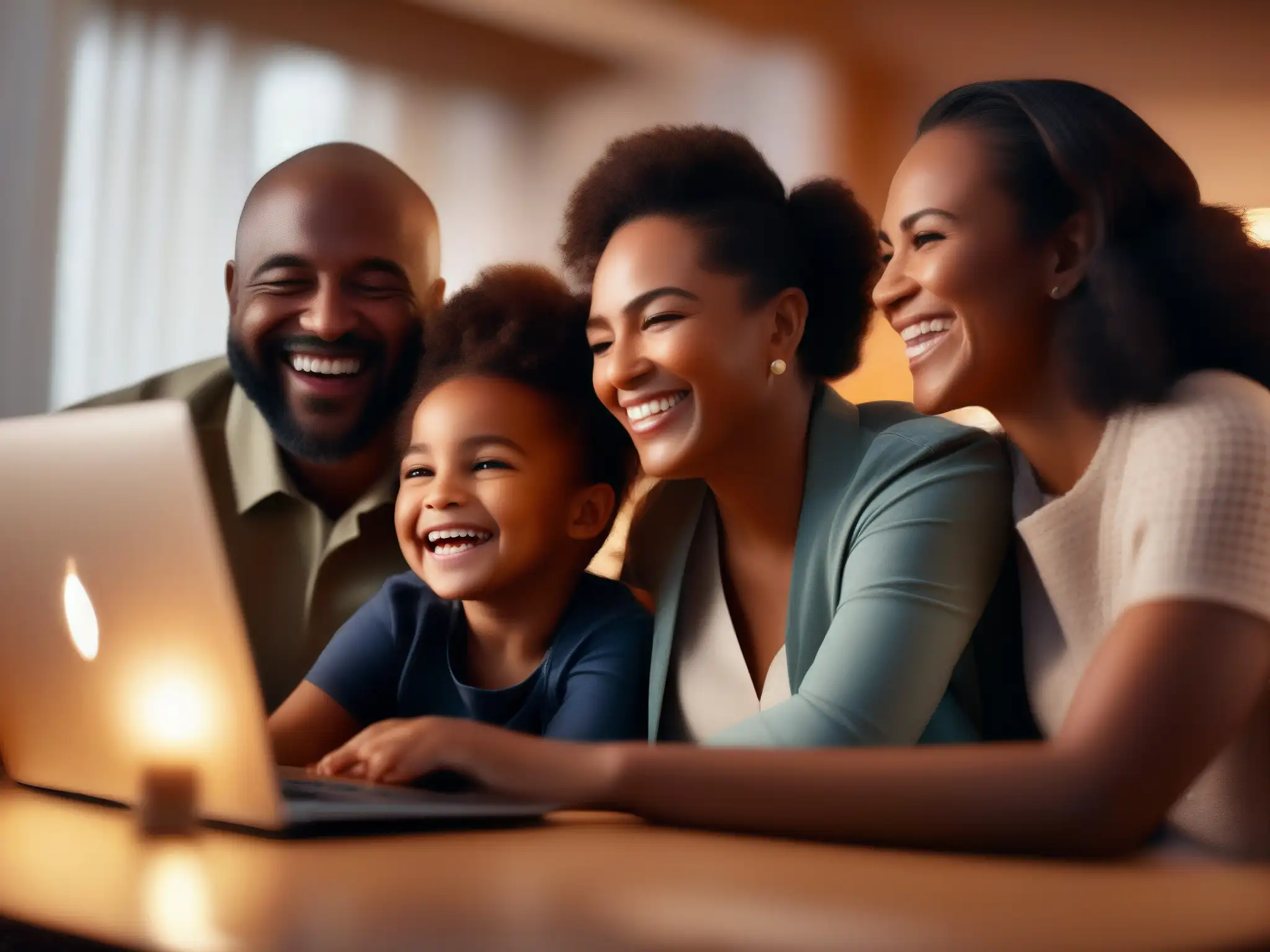 Emotiva celebración virtual de familiares sonrientes Una familia diversa participa en una emotiva celebración virtual
