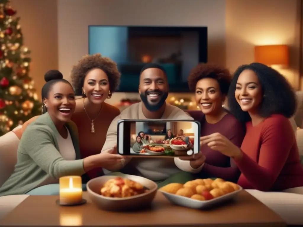Reunión familiar virtual: tradiciones culinarias y risas Una familia diversa celebra festividades familiares por videoconferencia, adaptando tradiciones al mundo digital