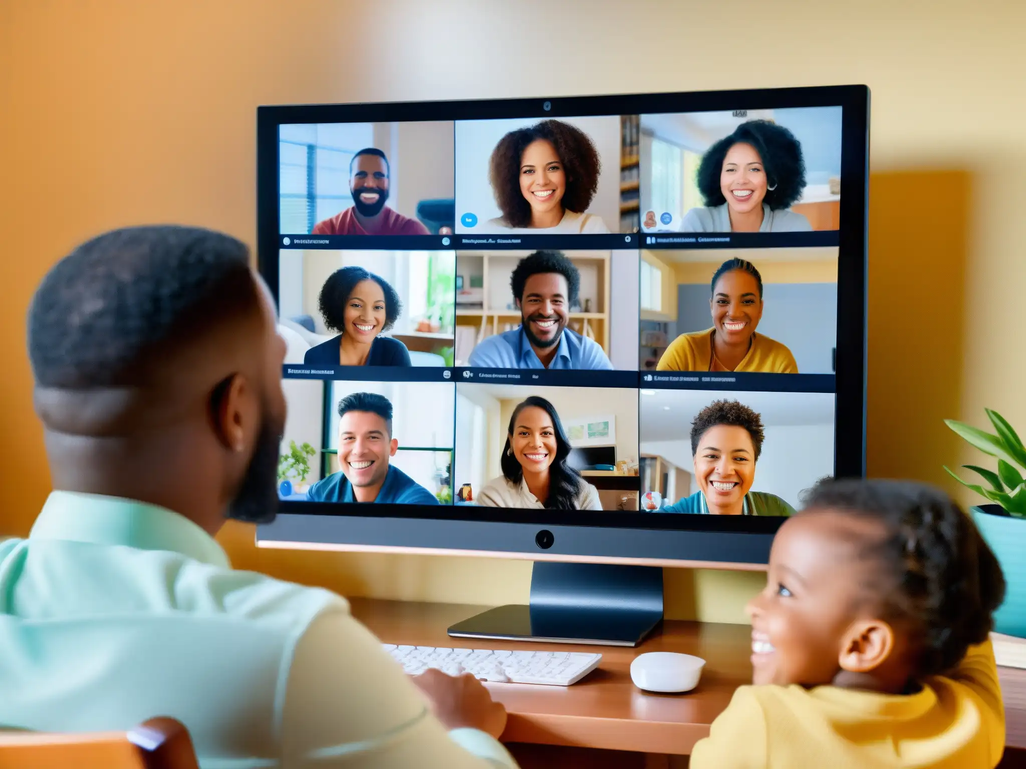Videoconferencia familiar llena de conexión Una familia diversa se reúne alrededor de la pantalla para una videoconferencia llena de calidez y unión