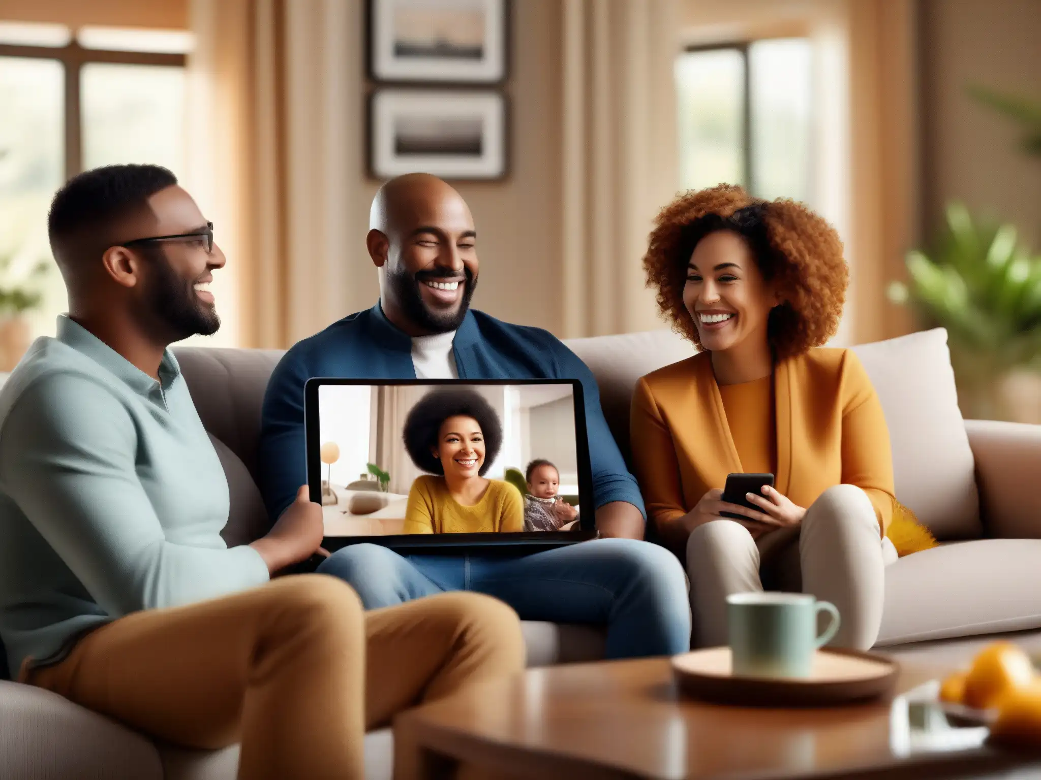 Reunión familiar virtual: Sonrisas y conexión Una familia diversa sonríe y se conecta a través de videoconferencias familiares unen kilómetros, transmitiendo alegría y unión