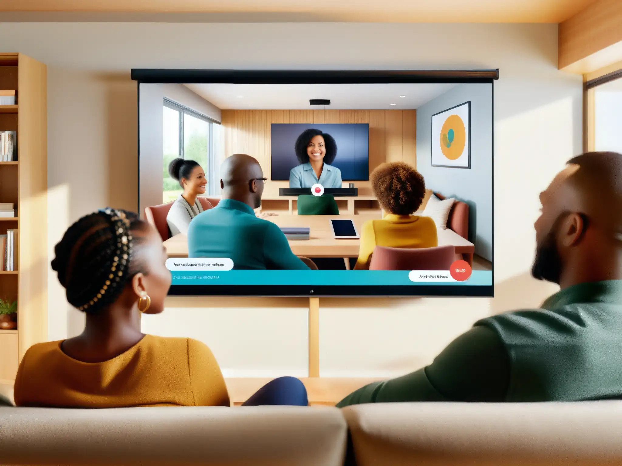 Clase virtual familiar: aprendizaje interactivo y unión Una familia diversa participa en una videoconferencia educativa frente a una pantalla, creando un ambiente cálido de aprendizaje en casa