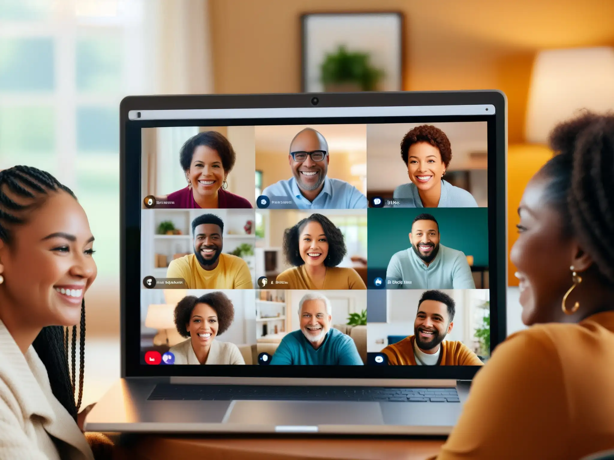 Reunión familiar virtual llena de emoción y conexión Una familia diversa sonríe y se reencuentra en una videoconferencia familiar, transmitiendo alegría y conexión a pesar de la distancia física
