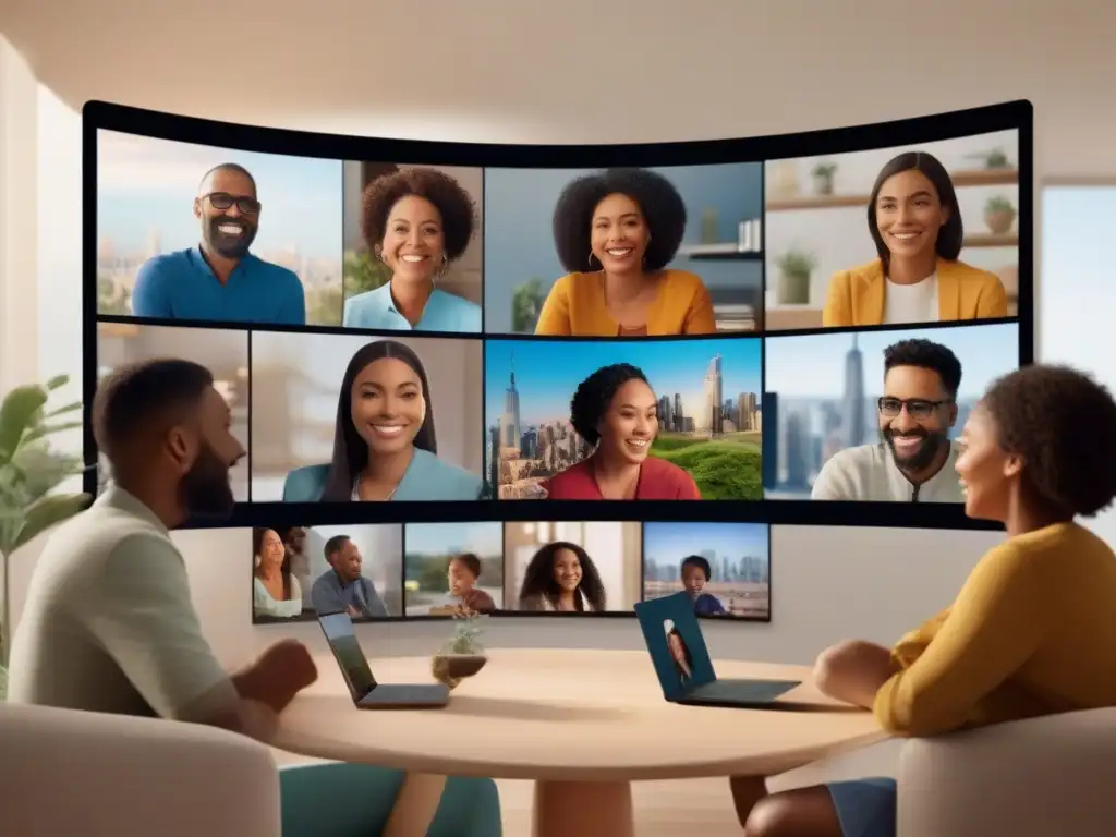 Conferencia familiar global en pantalla gigante Una familia diversa se reúne en una videoconferencia global, mostrando la efectiva gestión de zonas horarias