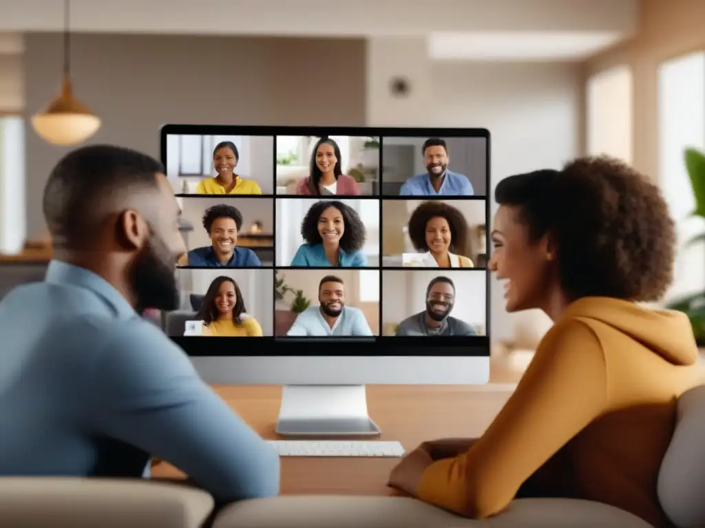 Videoconferencia familiar: unión y seguridad en casa Una familia diversa se conecta en una videollamada desde casa, transmitiendo calidez y seguridad en videoconferencias familiares