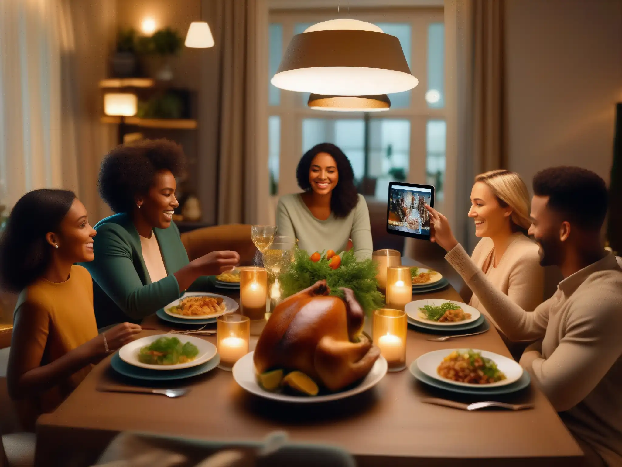 Reunión familiar virtual llena de alegría Una familia se reúne en una elegante mesa de cena, participando en una animada videoconferencia familiar