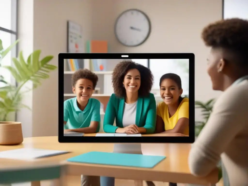 Enseñanza virtual dinámica para la familia Una familia participa entusiasmada en una videoconferencia educativa en pantalla, creando un ambiente cálido y de apoyo para el aprendizaje virtual