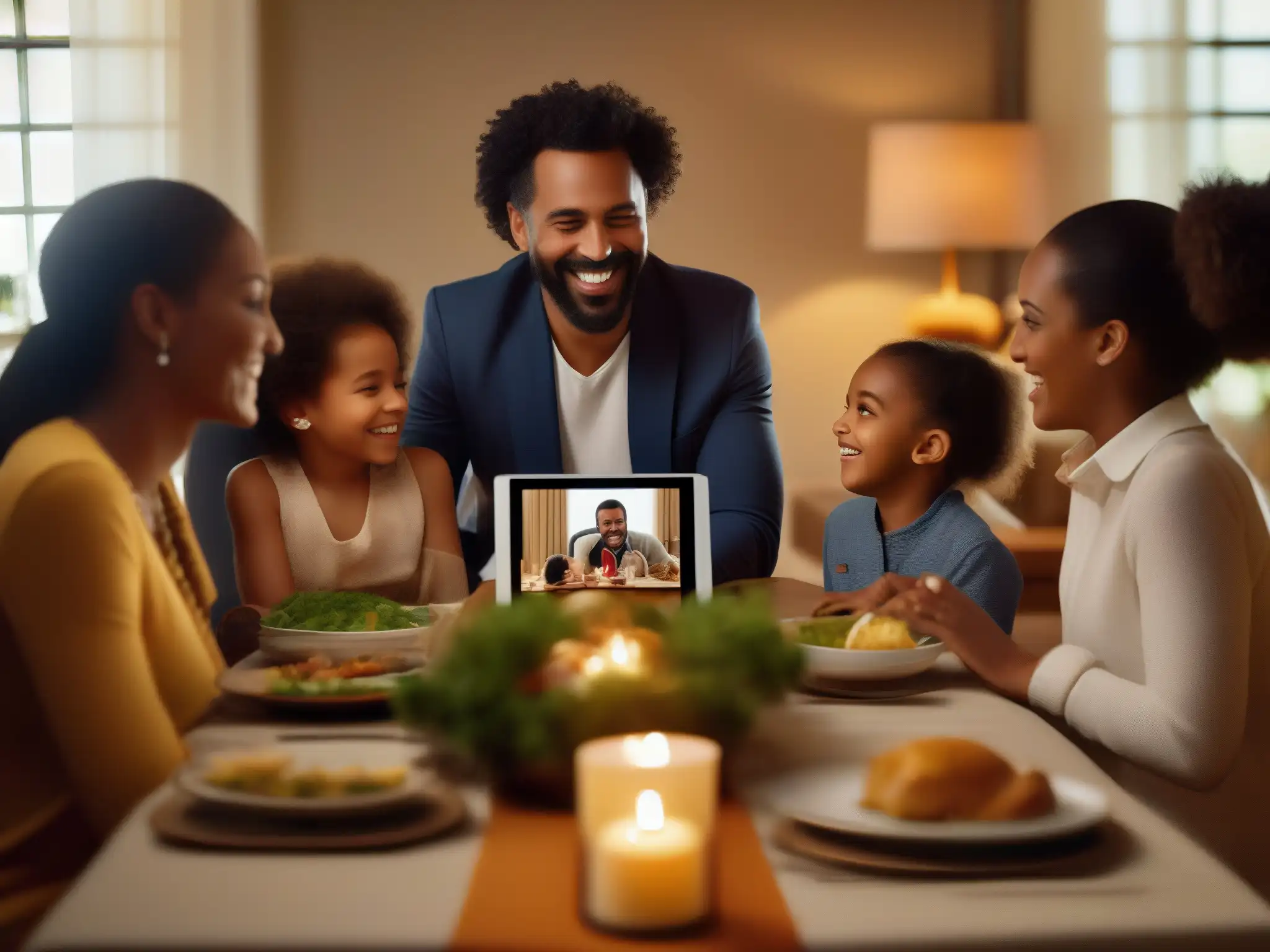 Reunión familiar virtual llena de sonrisas y tradición Una familia adaptando festividades familiares a través de videoconferencias, uniendo tradición y tecnología con amor y sonrisas