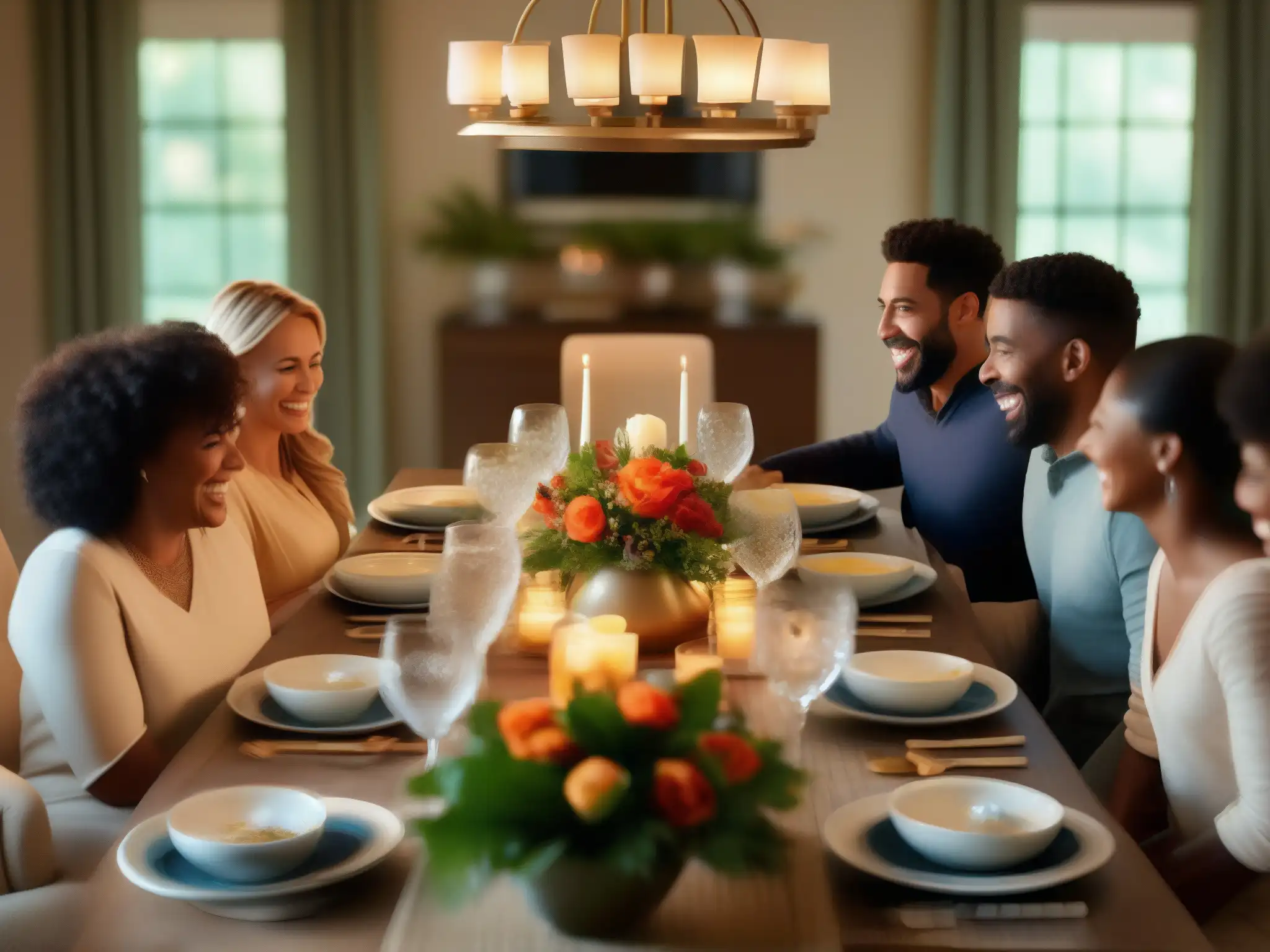 Reunión familiar en videoconferencia: amor a distancia Una familia se reúne alrededor de una mesa elegante, disfrutando de una videoconferencia con parientes lejanos