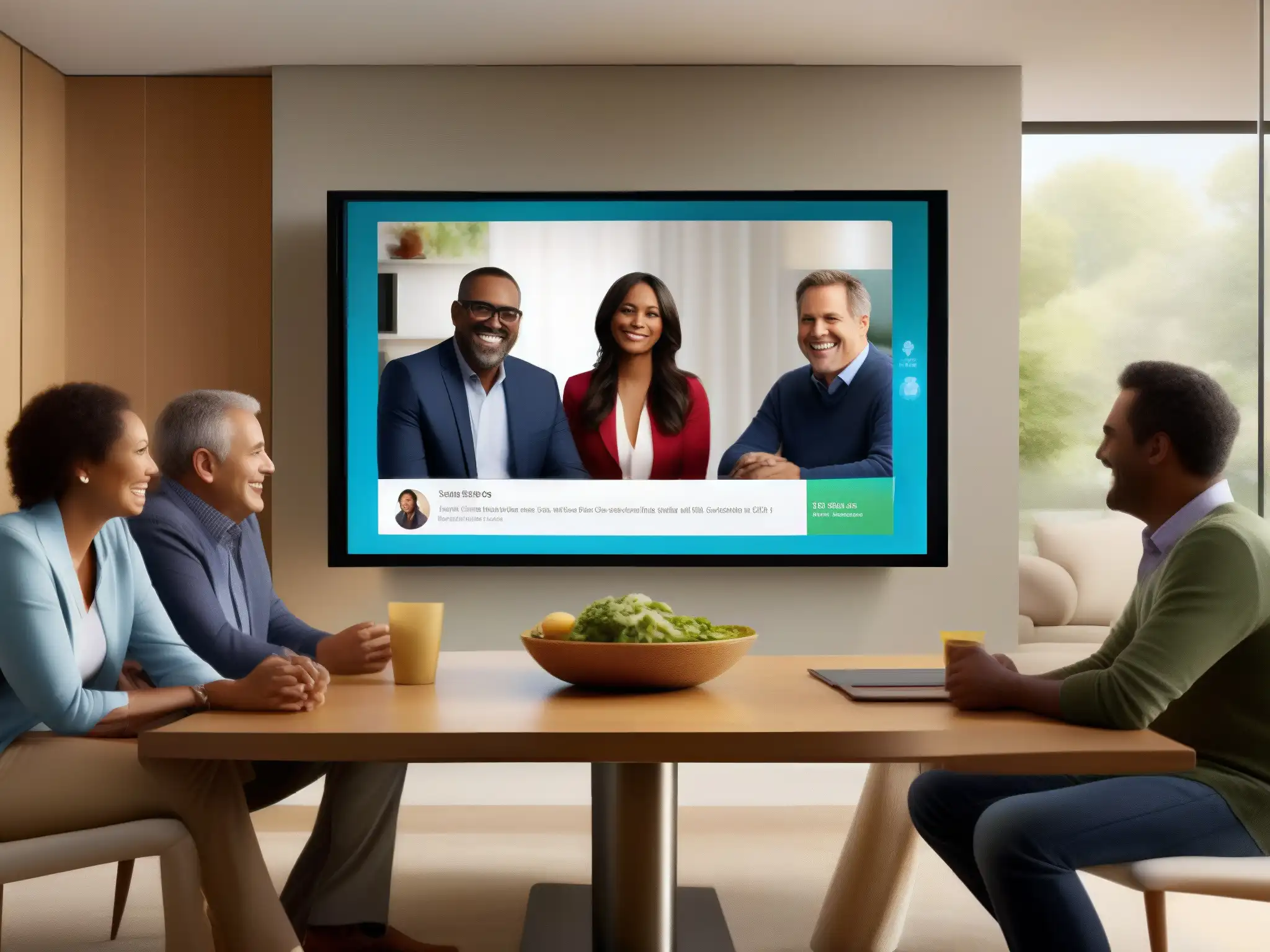 Conexión familiar: sonrisas en alta definición Una familia moderna sonríe y conversa animadamente en una videoconferencia de alta definición, demostrando la importancia de la conectividad en videoconferencias