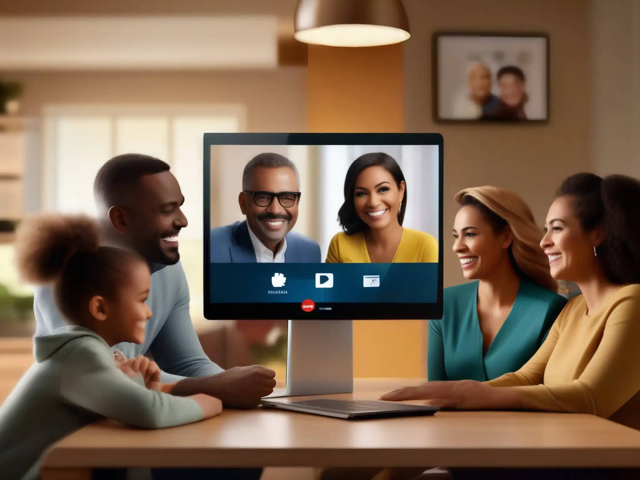 Videoconferencia segura: protegiendo a la familia Una familia moderna disfruta de una videoconferencia segura y cálida