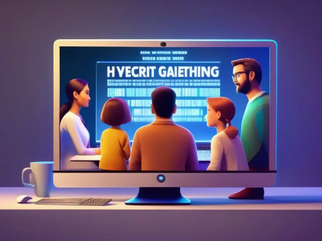 Desafíos de la comunicación virtual: Familia luchando con errores técnicos Una familia enfrenta obstáculos en reunión virtual, con rostros de frustración