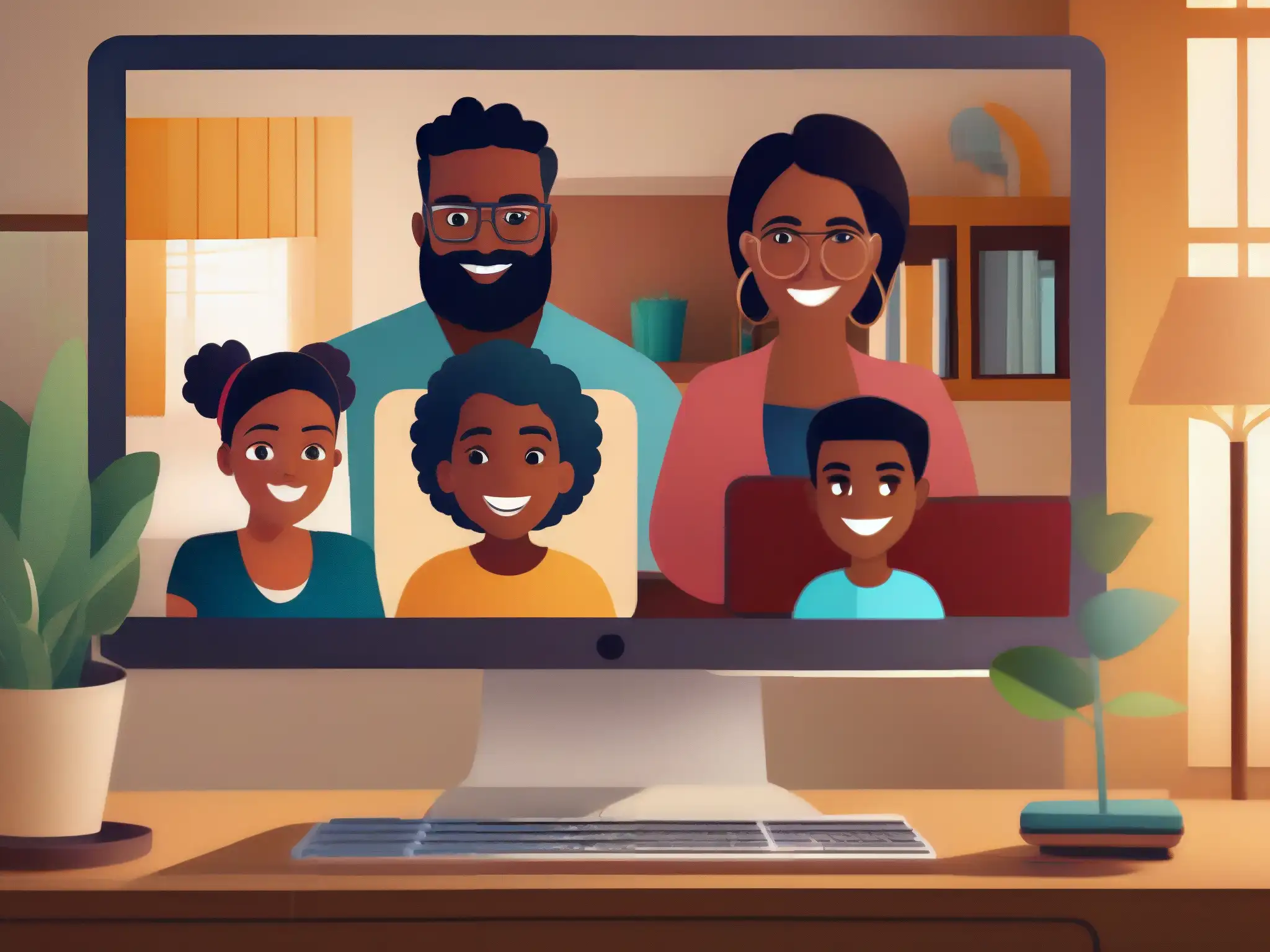 Emociones virtuales: Desafíos y sonrisas en la llamada familiar Una familia superando obstáculos en reuniones familiares virtuales, expresando frustración y diversión en una videollamada