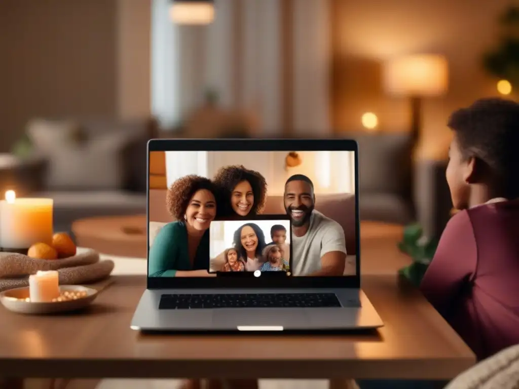 Reunión familiar virtual llena de alegría y conexión Una familia sonríe y saluda a la pantalla del portátil en una cálida videollamada