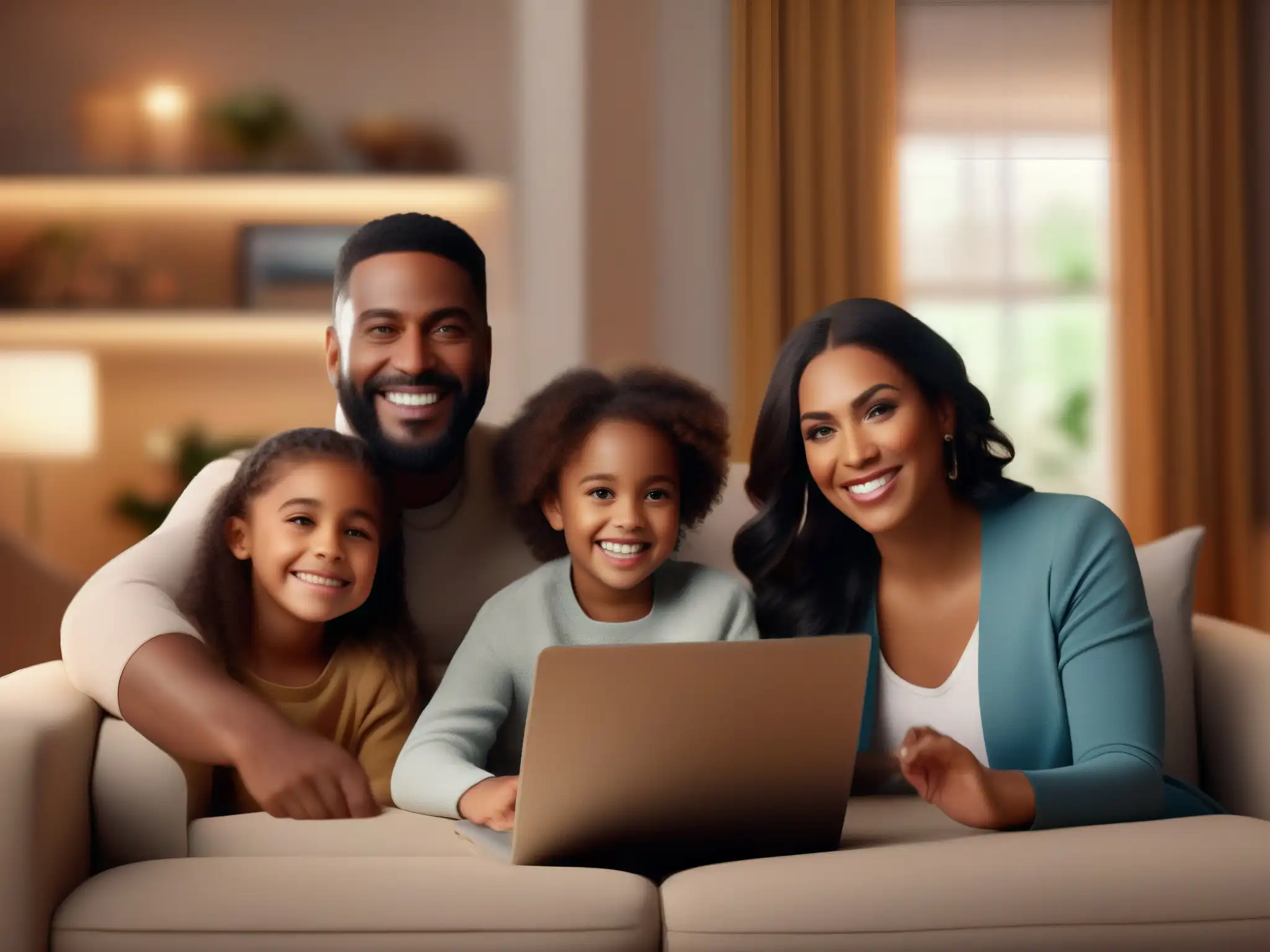 Reunión familiar virtual llena de alegría Una familia sonriente y animada en un evento virtual desde casa