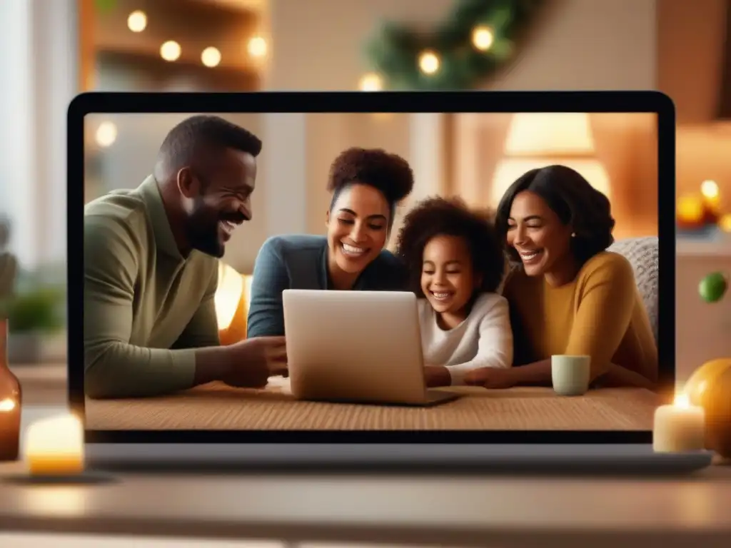 Reunión virtual familiar llena de amor y alegría Una familia sonriente se reúne virtualmente en un cálido salón, celebrando juntos a través de la pantalla