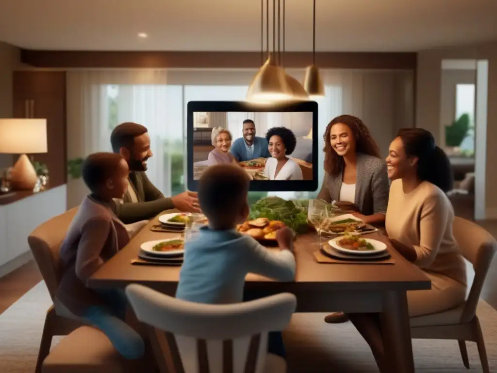 Cena familiar: unión virtual y tradición moderna Una familia sonriente disfruta de una cena mientras participa en una videoconferencia con familiares