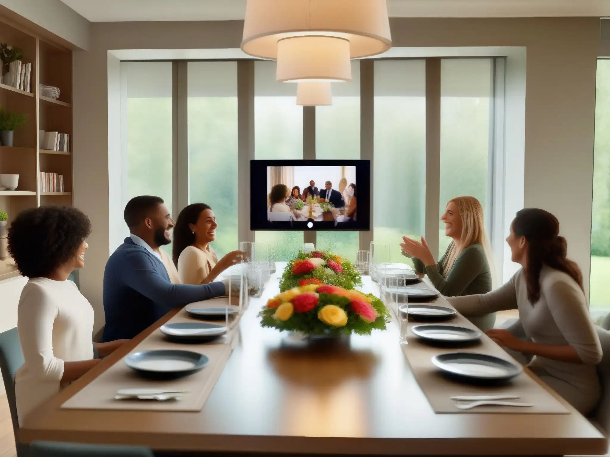 Reunión familiar virtual llena de alegría y conexión Una familia sonriente se reúne en una elegante mesa para una animada videoconferencia familiar