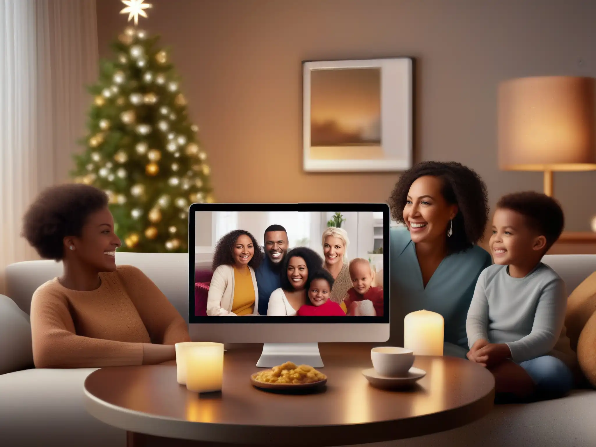 Reunión familiar virtual llena de calidez y conexión Una familia sonriente y saludando en un evento familiar virtual