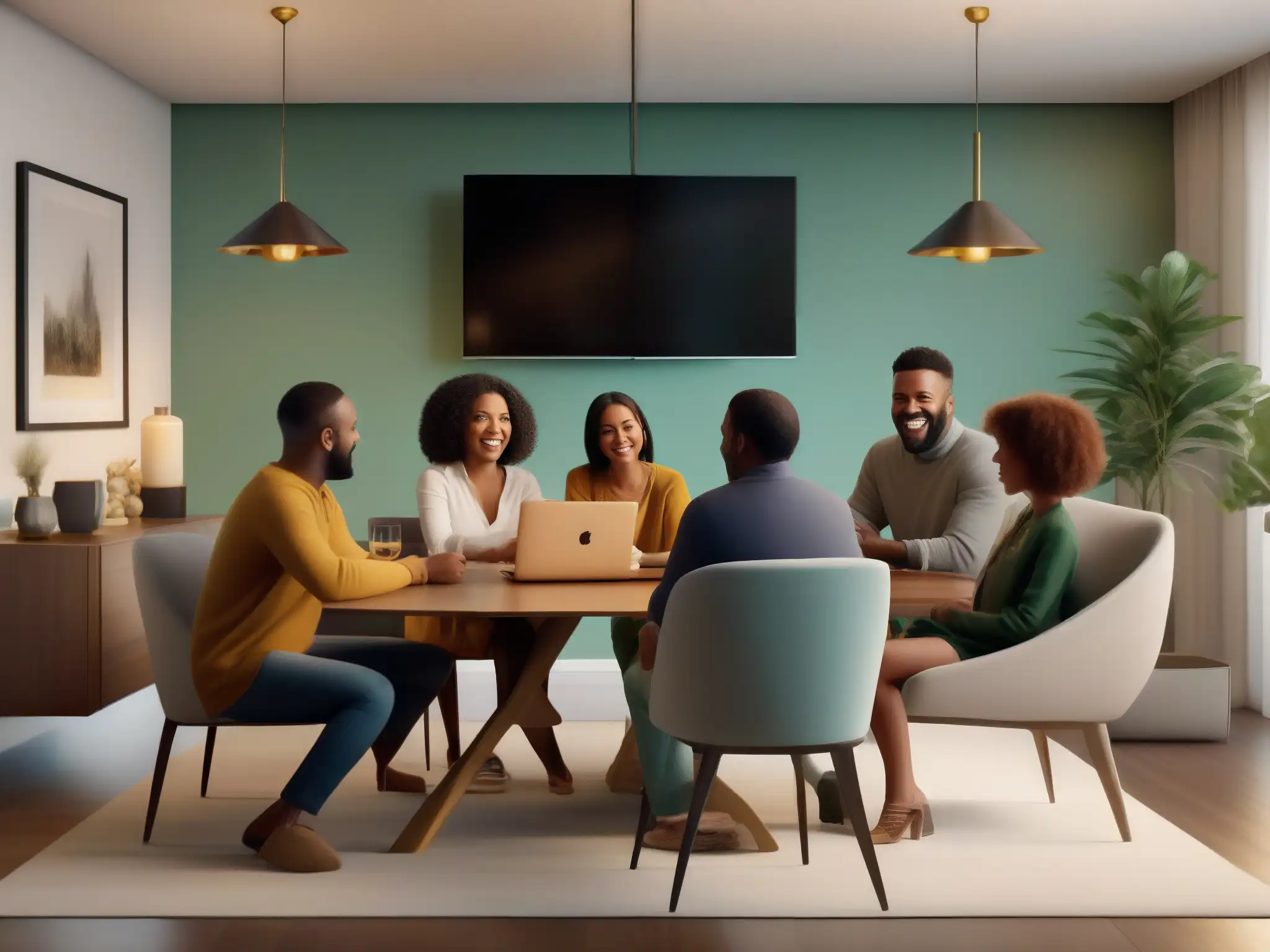 Reunión familiar virtual llena de sonrisas y conexión Una familia sonriente comparte una reunión familiar virtual en videoconferencia, creando un ambiente cálido y acogedor