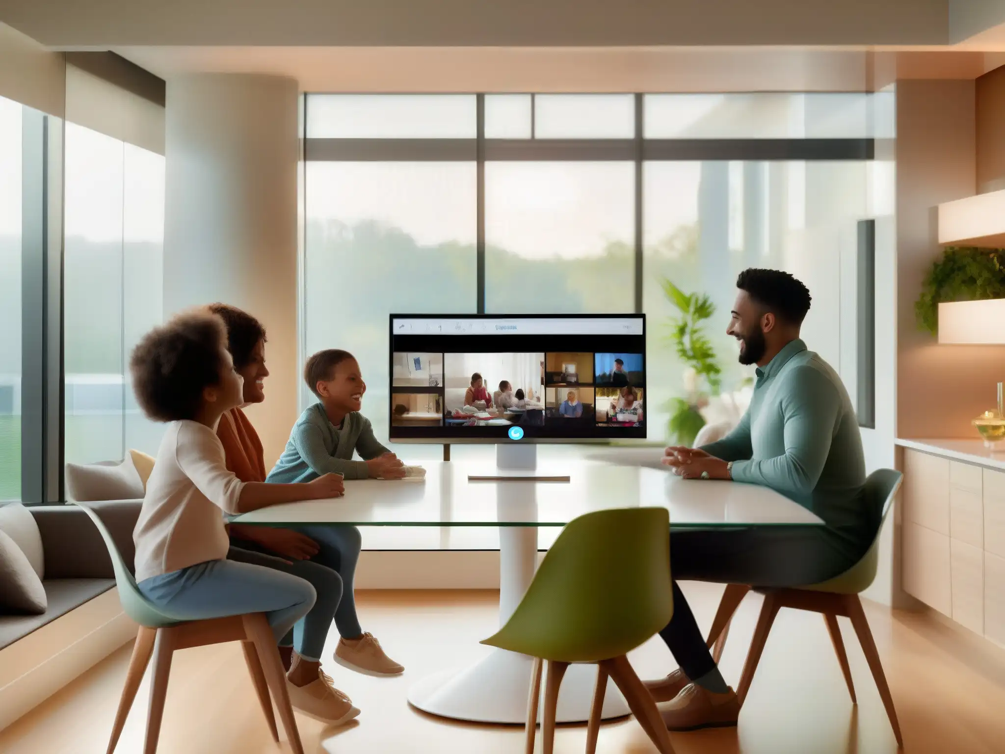 Conexión familiar: educación remota moderna y colaborativa Una familia sonriente participa en una videoconferencia educativa con otra familia en una pantalla, en un ambiente cálido y moderno