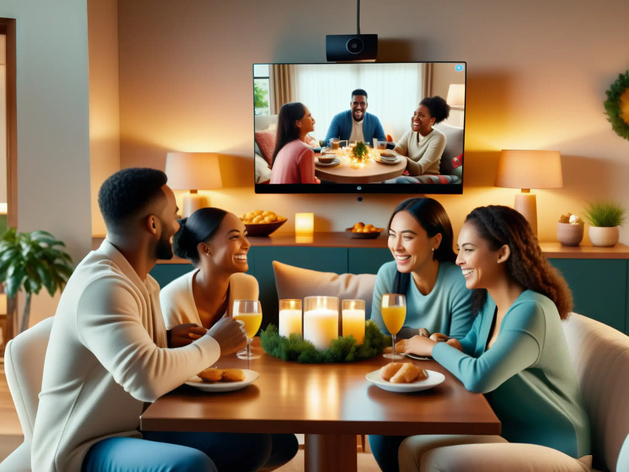 Reunión familiar virtual llena de calidez y tecnología Una familia sonriente disfruta de una videoconferencia en una mesa festiva, adaptando festividades familiares a las videoconferencias