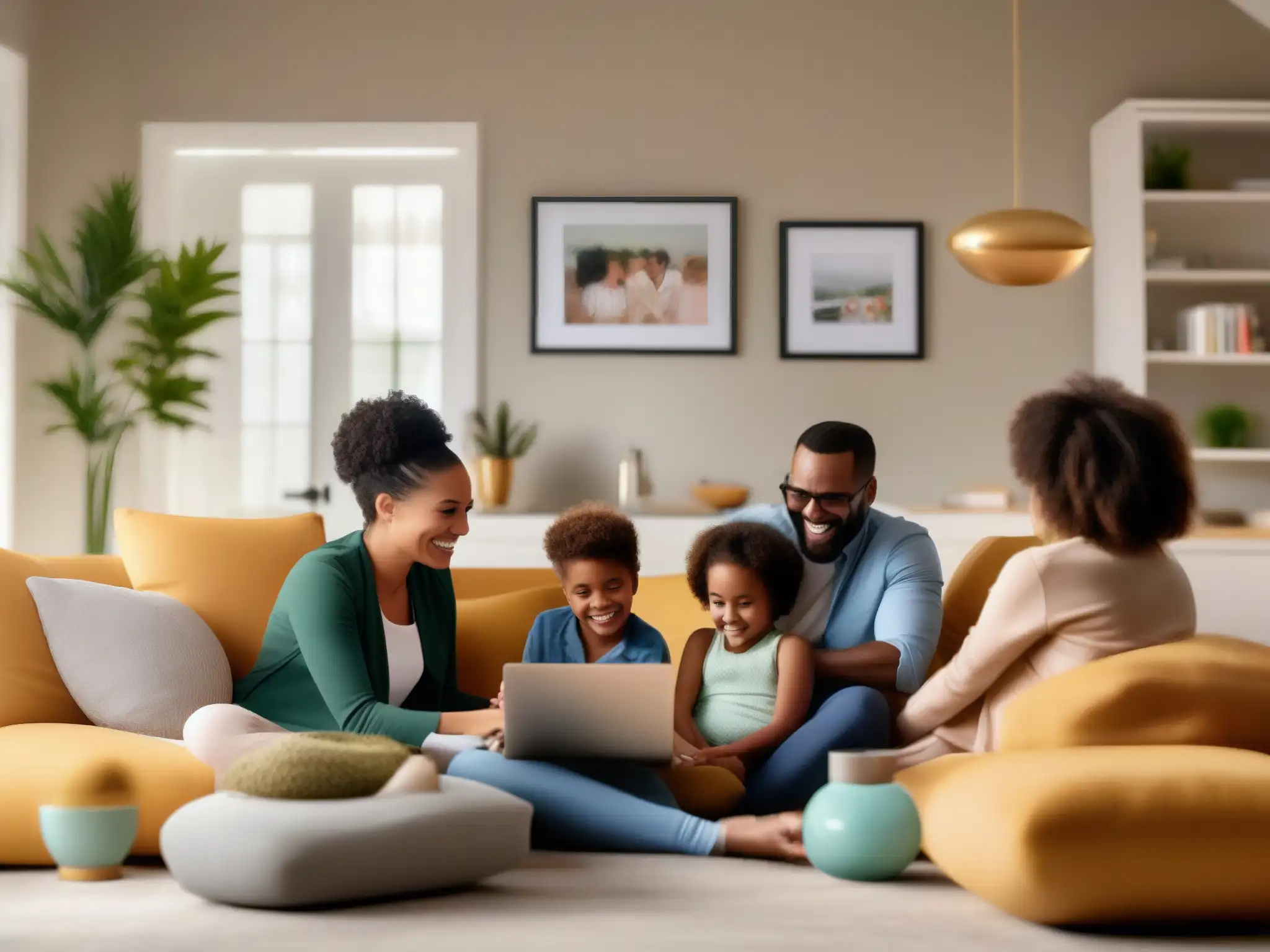 Conexión familiar en casa moderna Una familia sonriente se reúne en videoconferencias familiares, unidos a pesar de la distancia en sus modernas habitaciones iluminadas