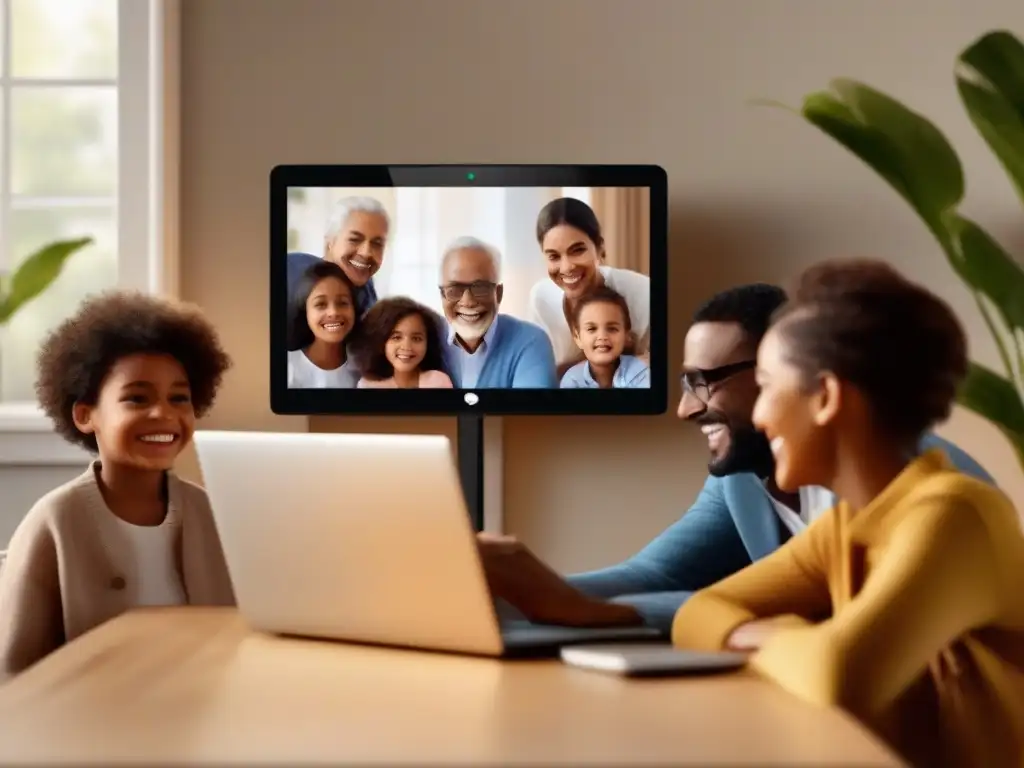 Conexión generacional: videoconferencia familiar llena de alegría Una familia disfruta de una videoconferencia con los abuelos en la pantalla